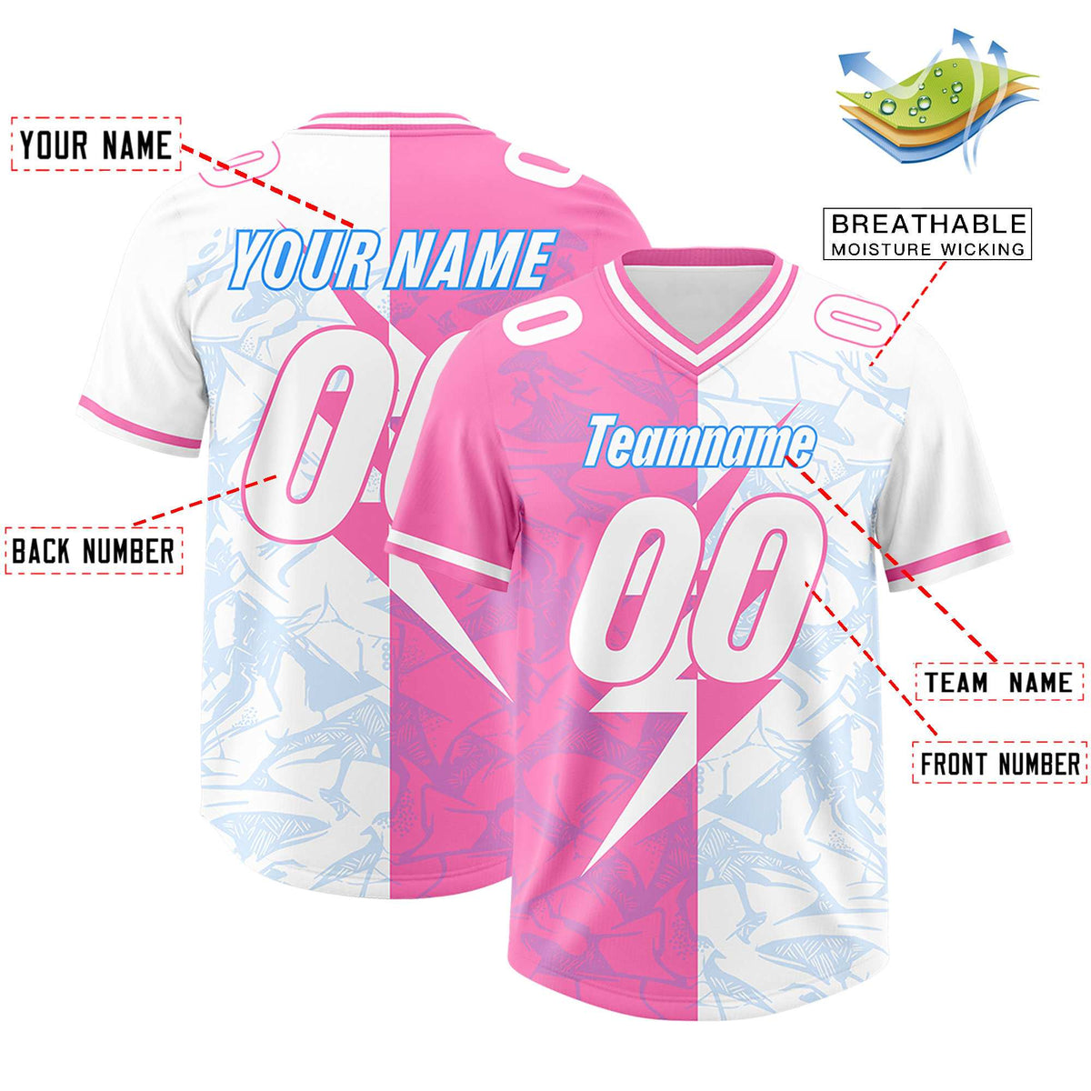 Custom White Pink Split Personalized Lightning Pattern Football Jersey