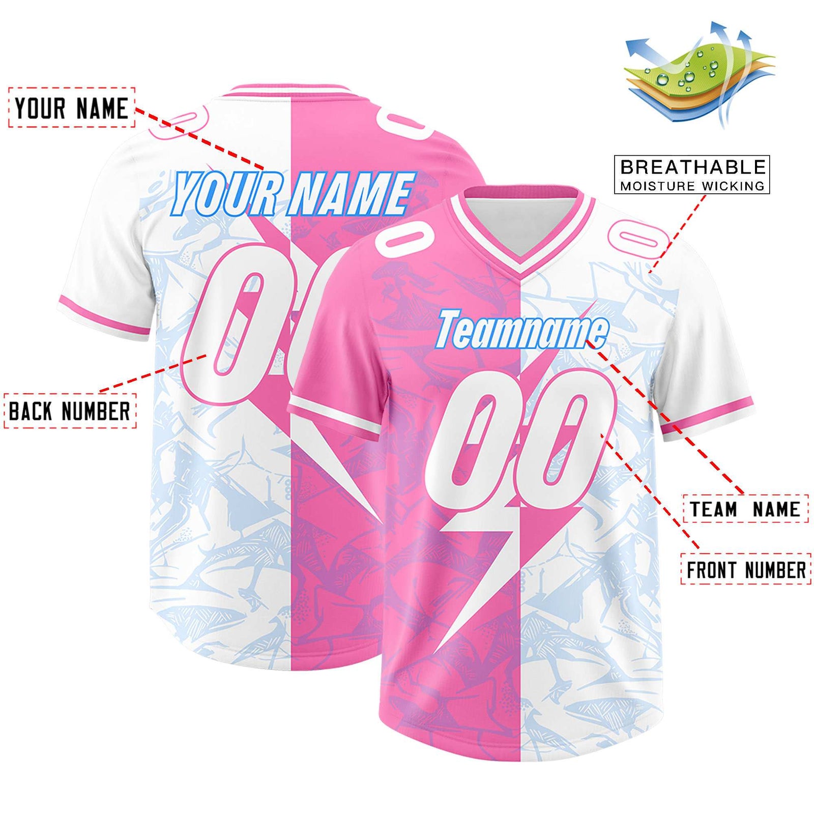 Custom White Pink Split Personalized Lightning Pattern Football Jersey