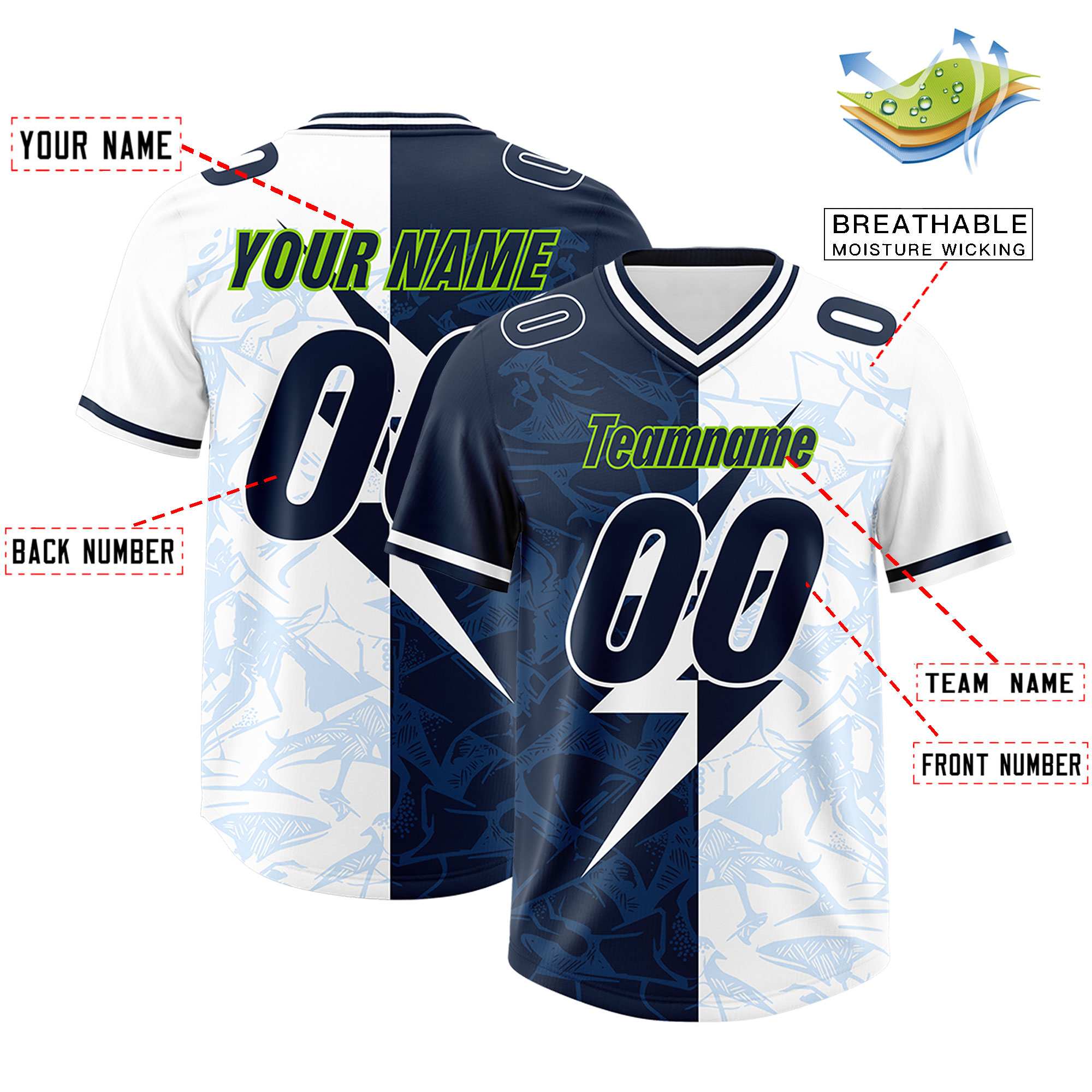 Custom White Navy Split Personalized Lightning Pattern Football Jersey