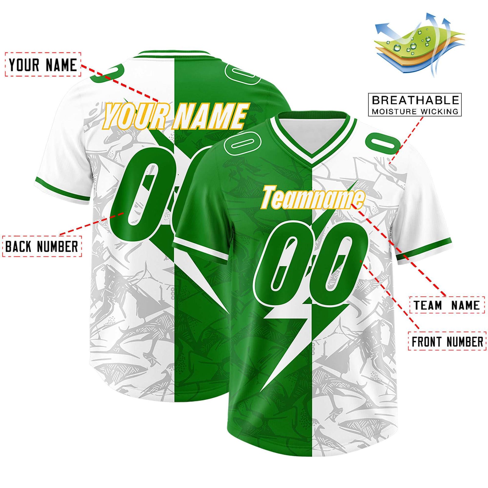 Custom Kelly Green White Split Personalized Lightning Pattern Football Jersey