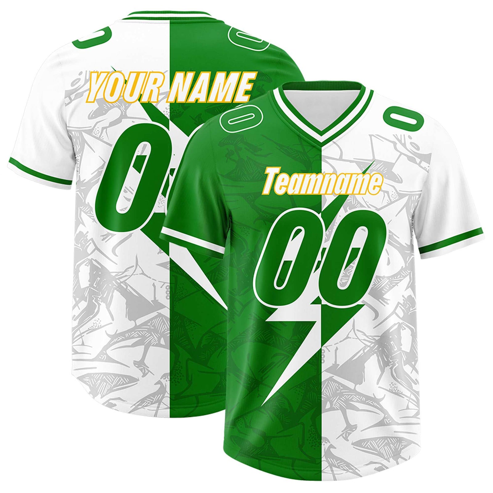 Custom Kelly Green White Split Personalized Lightning Pattern Football Jersey