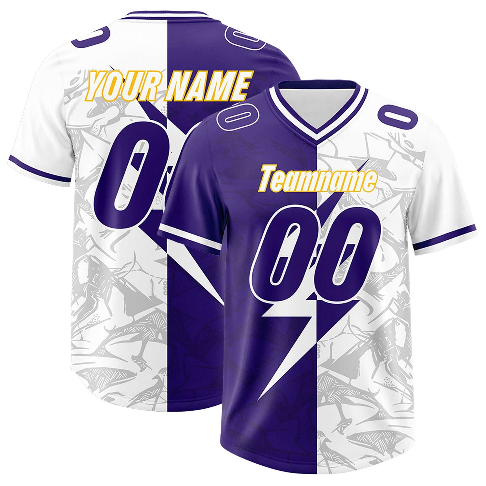 Custom Purple White Split Personalized Lightning Pattern Football Jersey