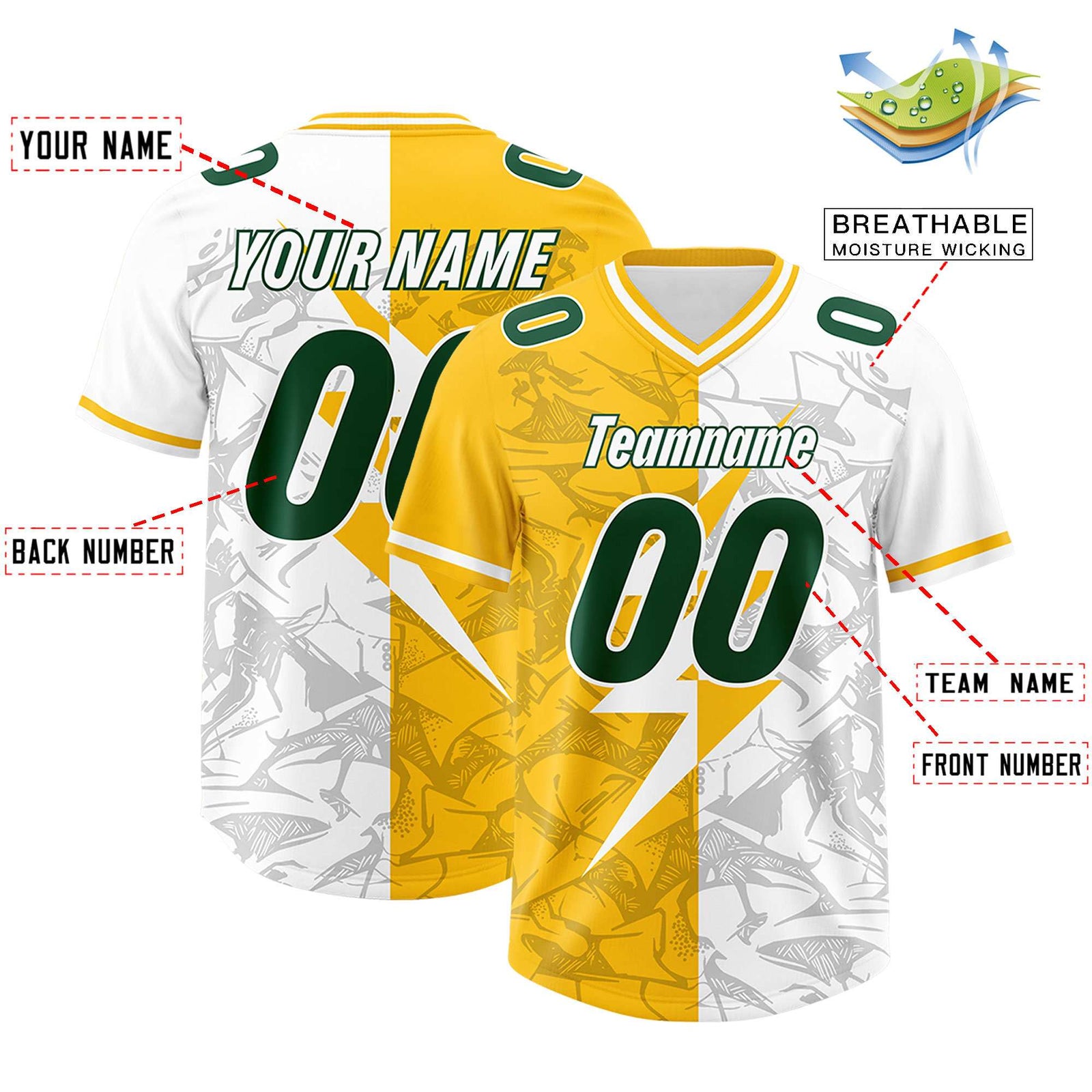 Custom Yellow White Split Personalized Lightning Pattern Football Jersey