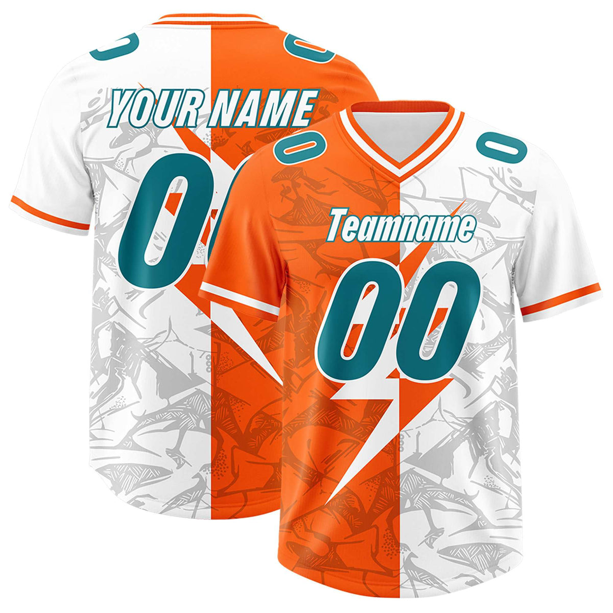 Custom Orange White Split Personalized Lightning Pattern Football Jersey