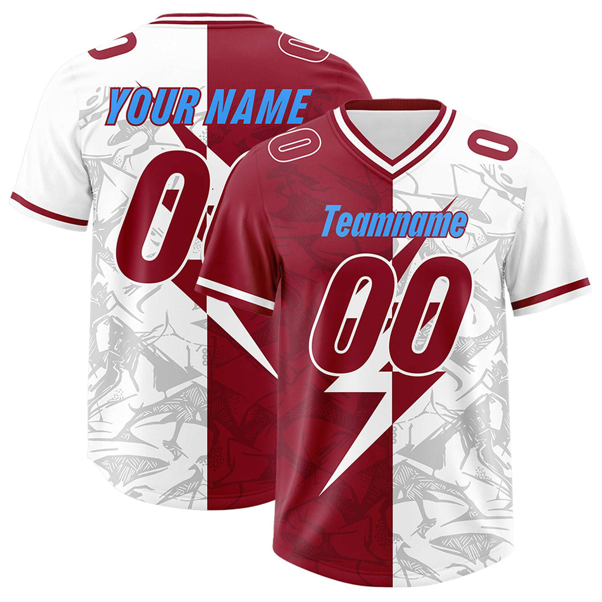 Custom Cardinal White Split Personalized Lightning Pattern Football Jersey