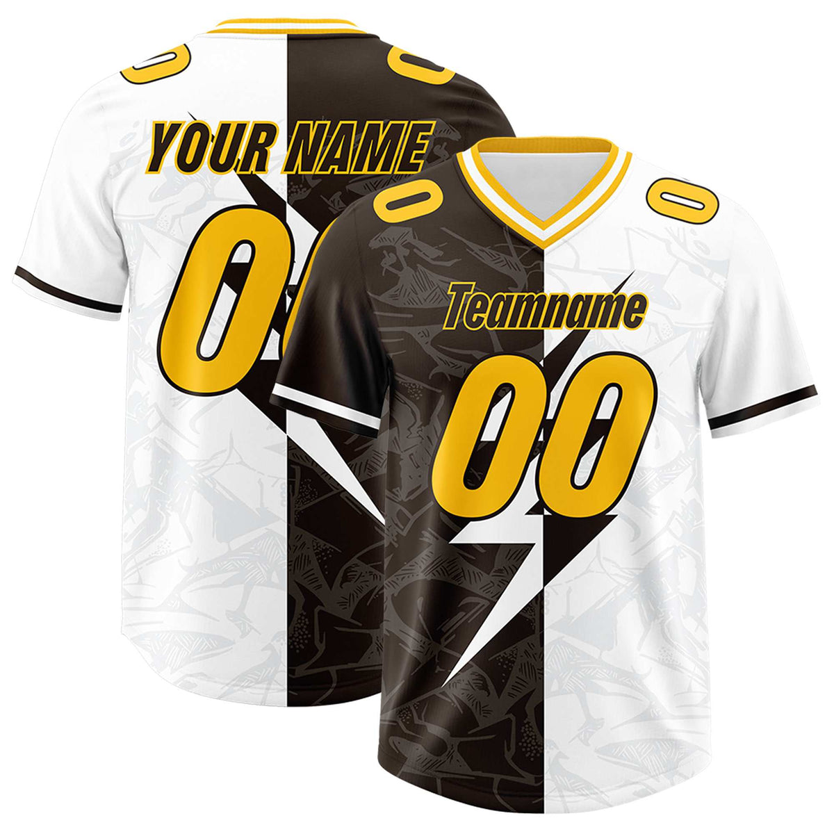 Custom Brown White Split Personalized Lightning Pattern Football Jersey