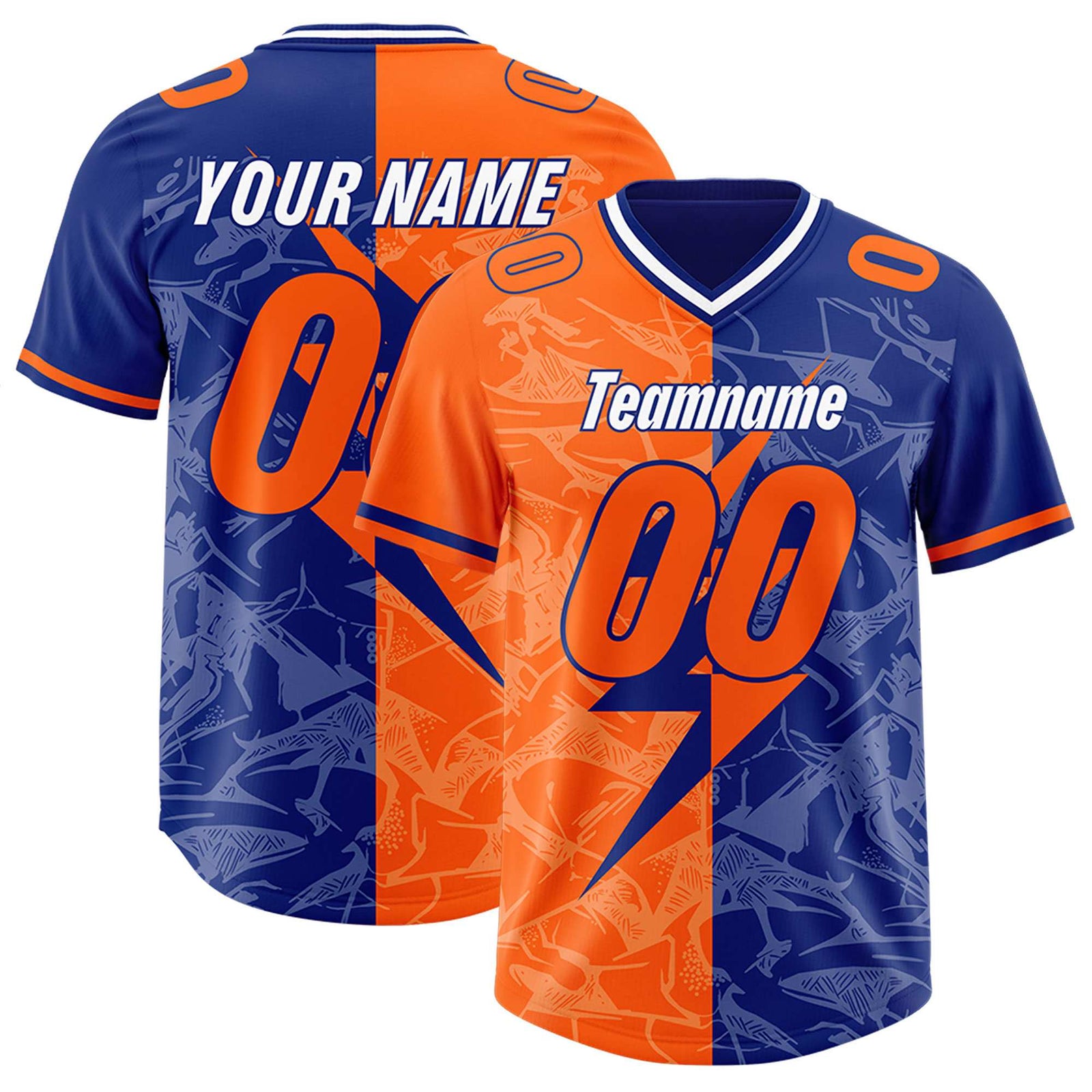Custom Orange Royal Split Personalized Lightning Pattern Football Jersey