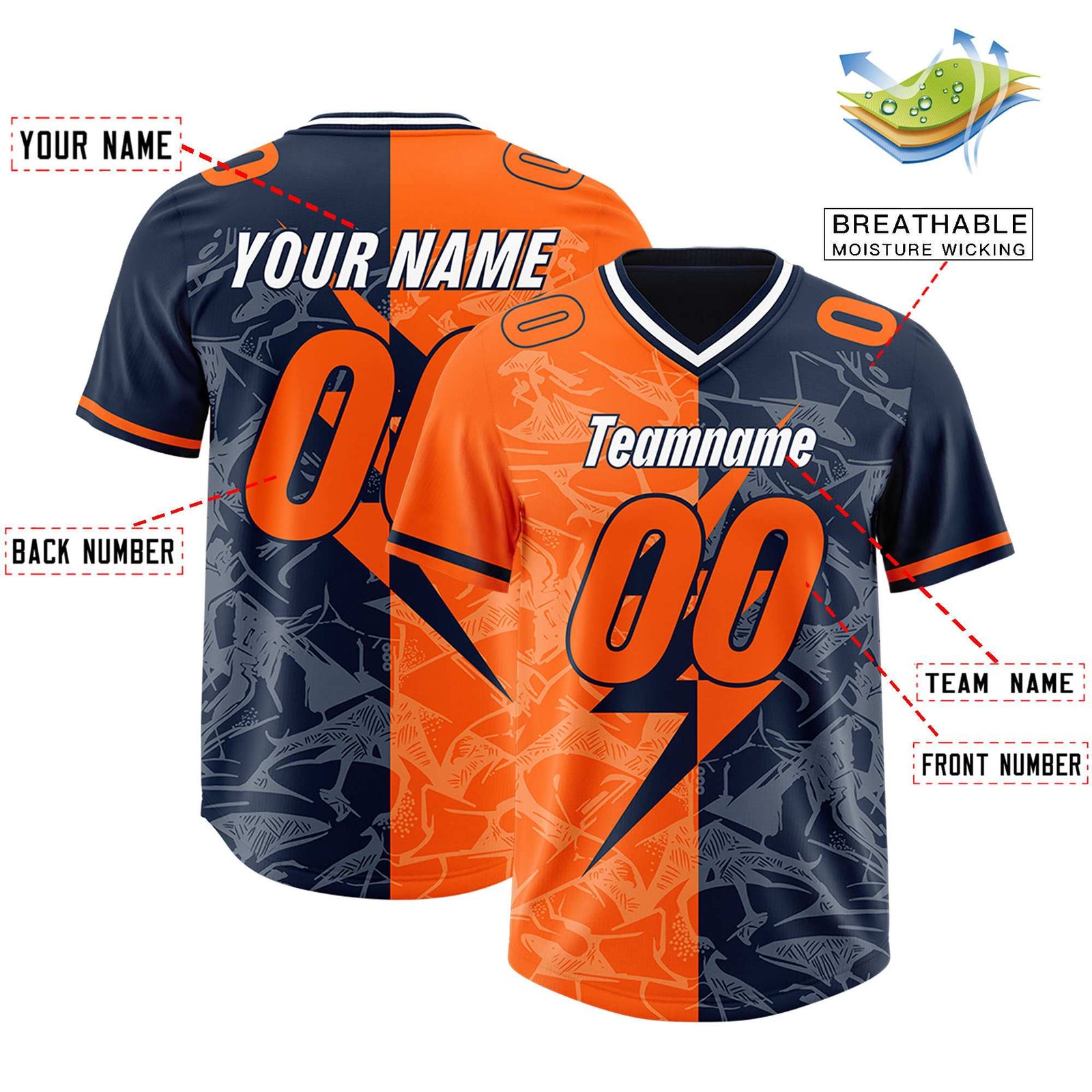 Custom Orange Navy Split Personalized Lightning Pattern Football Jersey