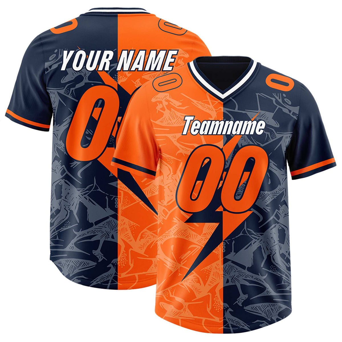 Custom Orange Navy Split Personalized Lightning Pattern Football Jersey