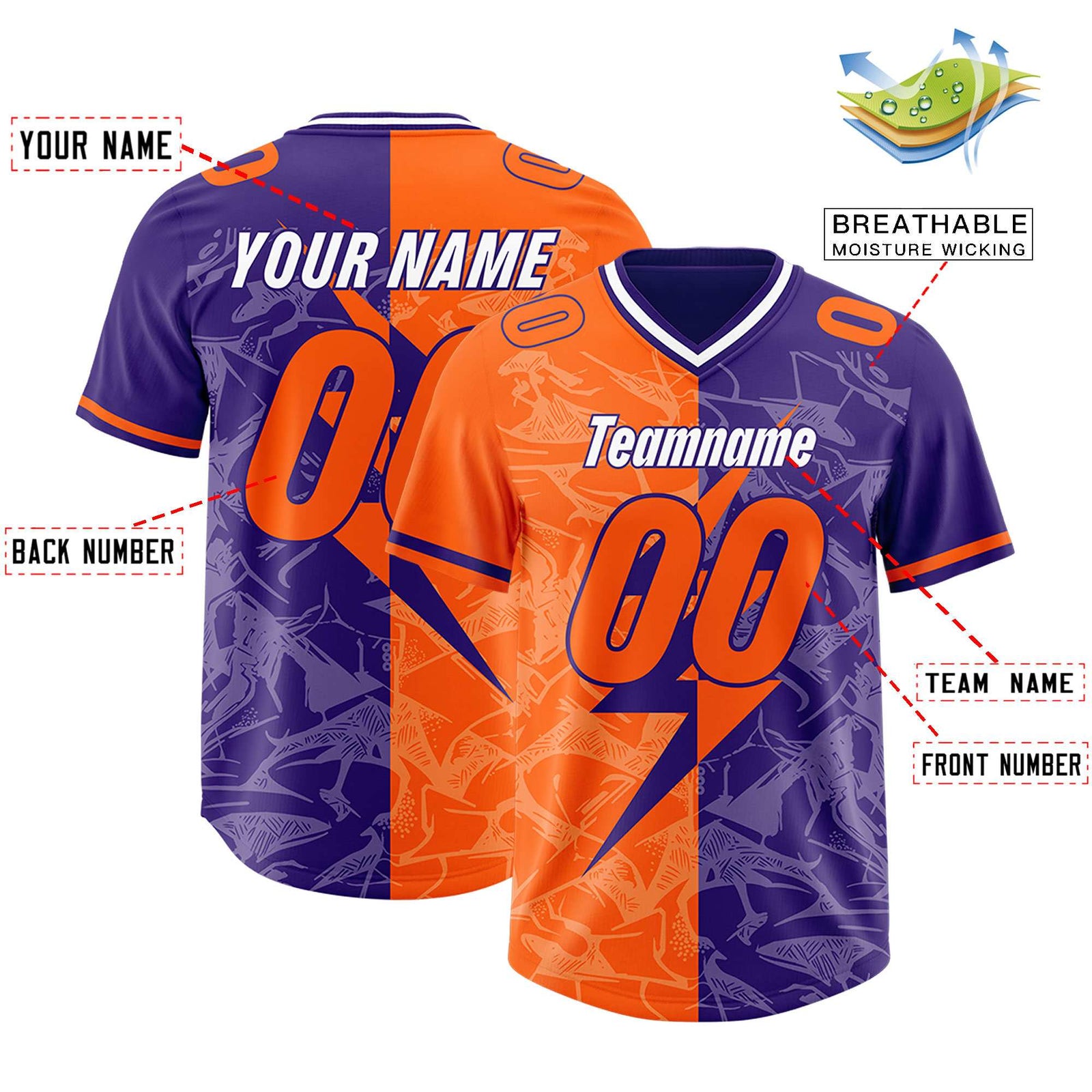Custom Orange Purple Split Personalized Lightning Pattern Football Jersey