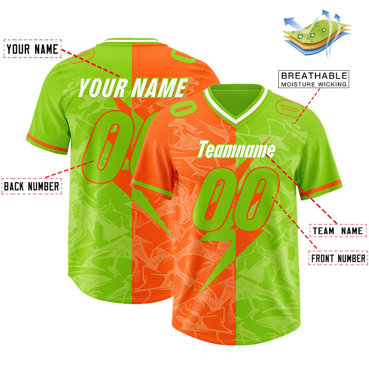 Custom Neon Green Orange Split Personalized Lightning Pattern Football Jersey