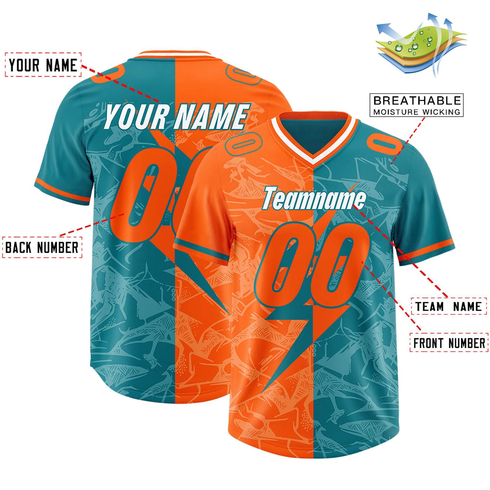 Custom Aqua Orange Split Personalized Lightning Pattern Football Jersey