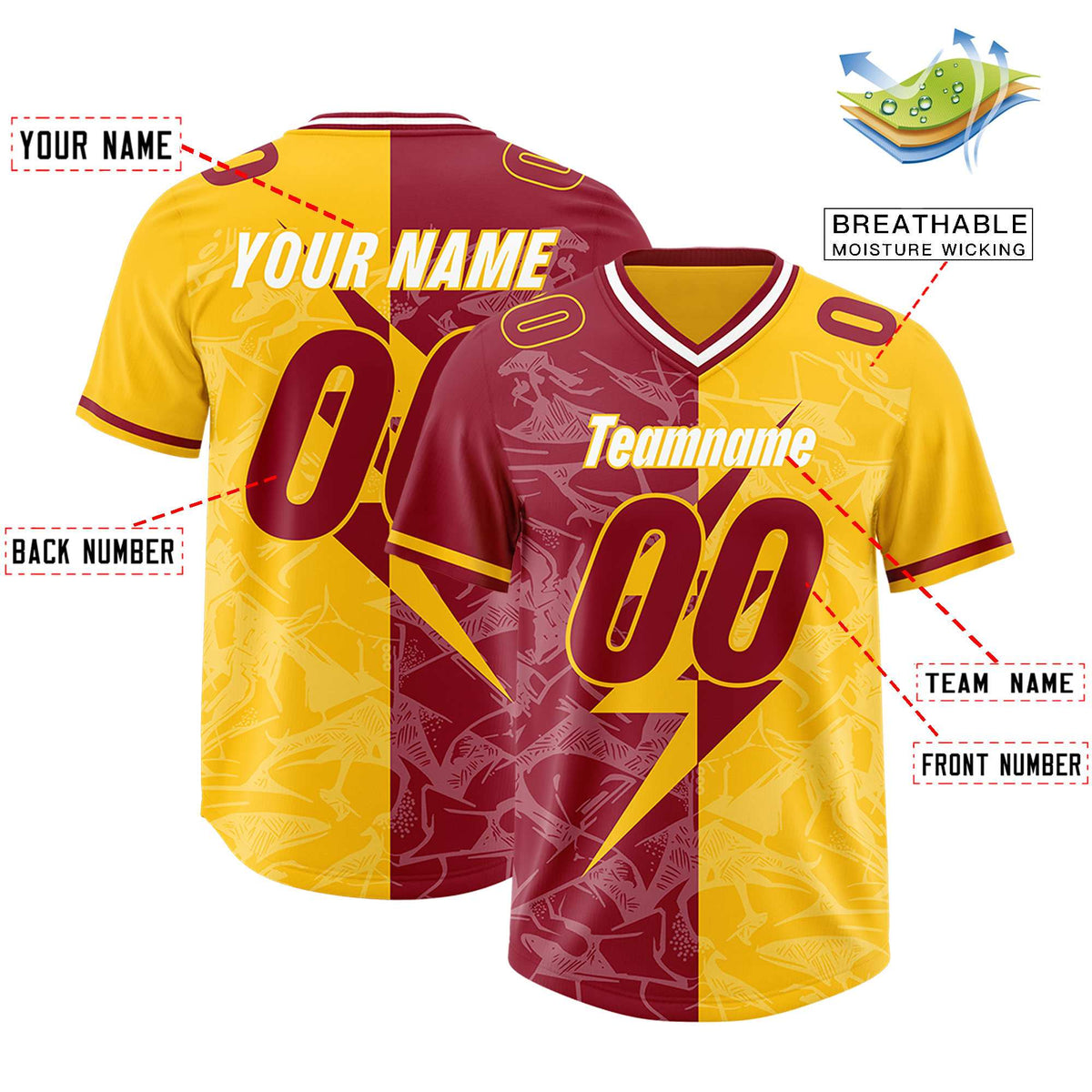 Custom Yellow Cardinal Split Personalized Lightning Pattern Football Jersey
