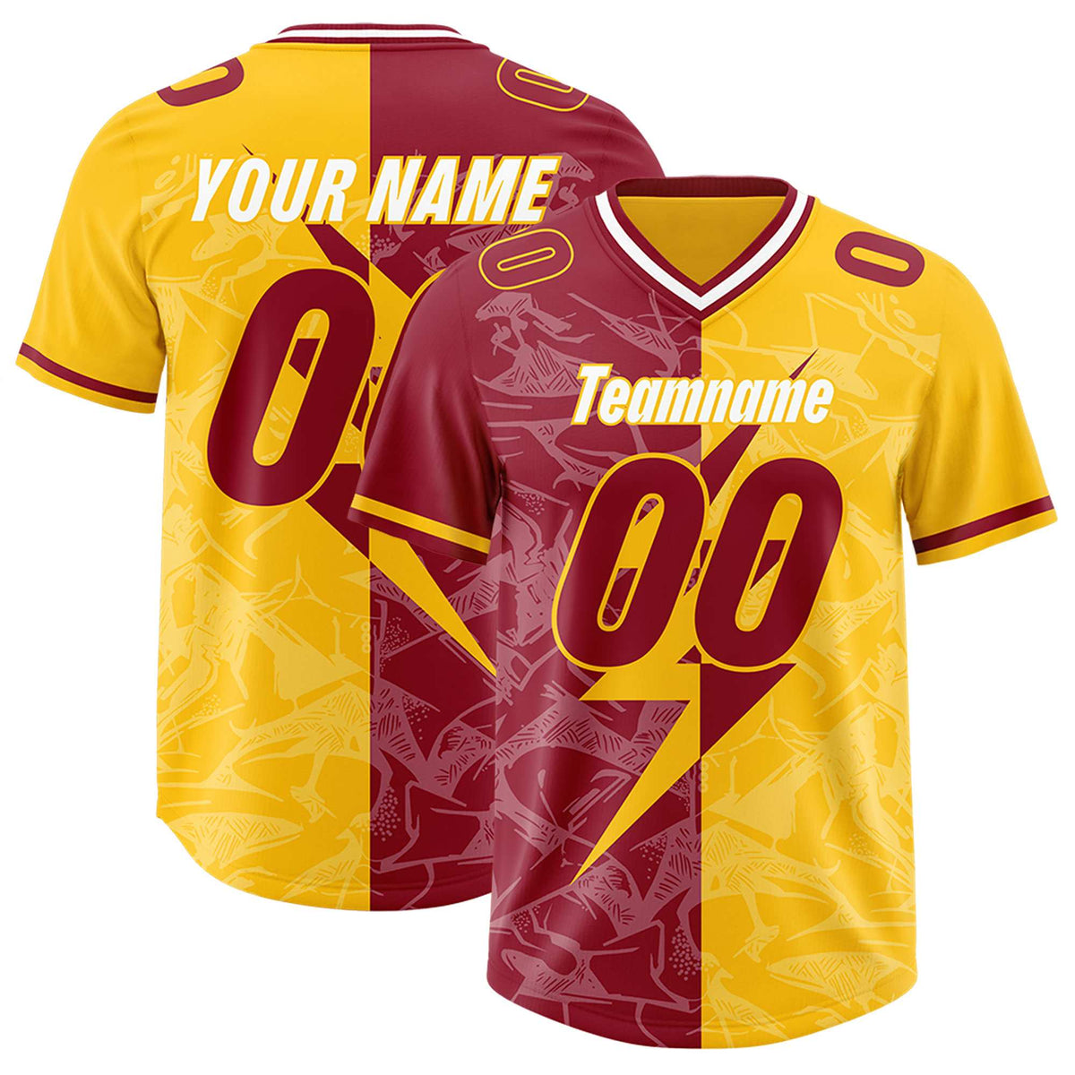 Custom Yellow Cardinal Split Personalized Lightning Pattern Football Jersey