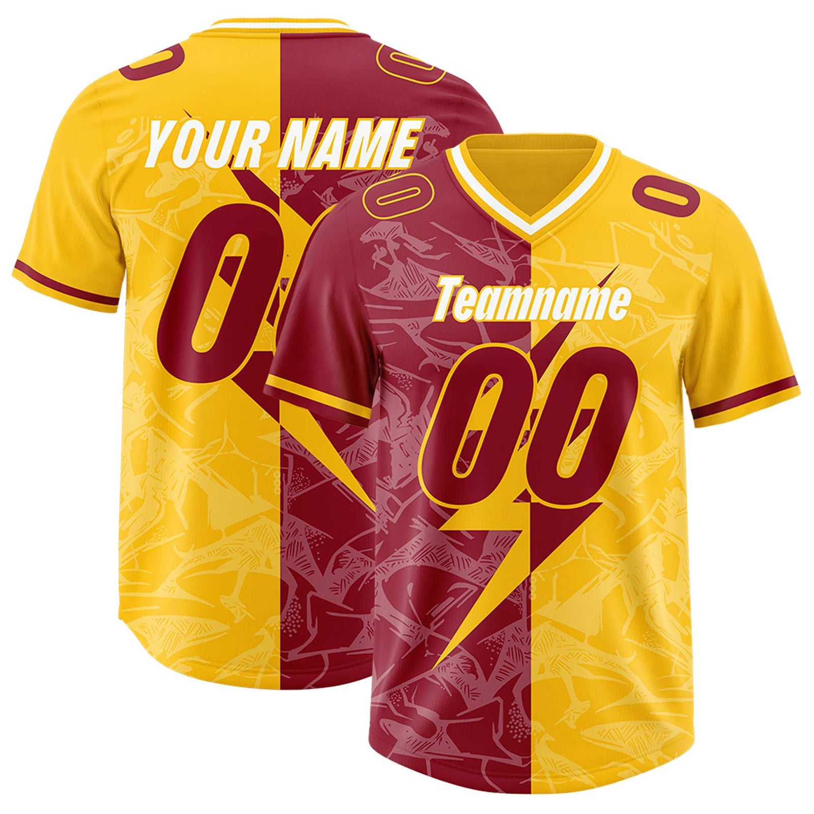 Custom Yellow Cardinal Split Personalized Lightning Pattern Football Jersey