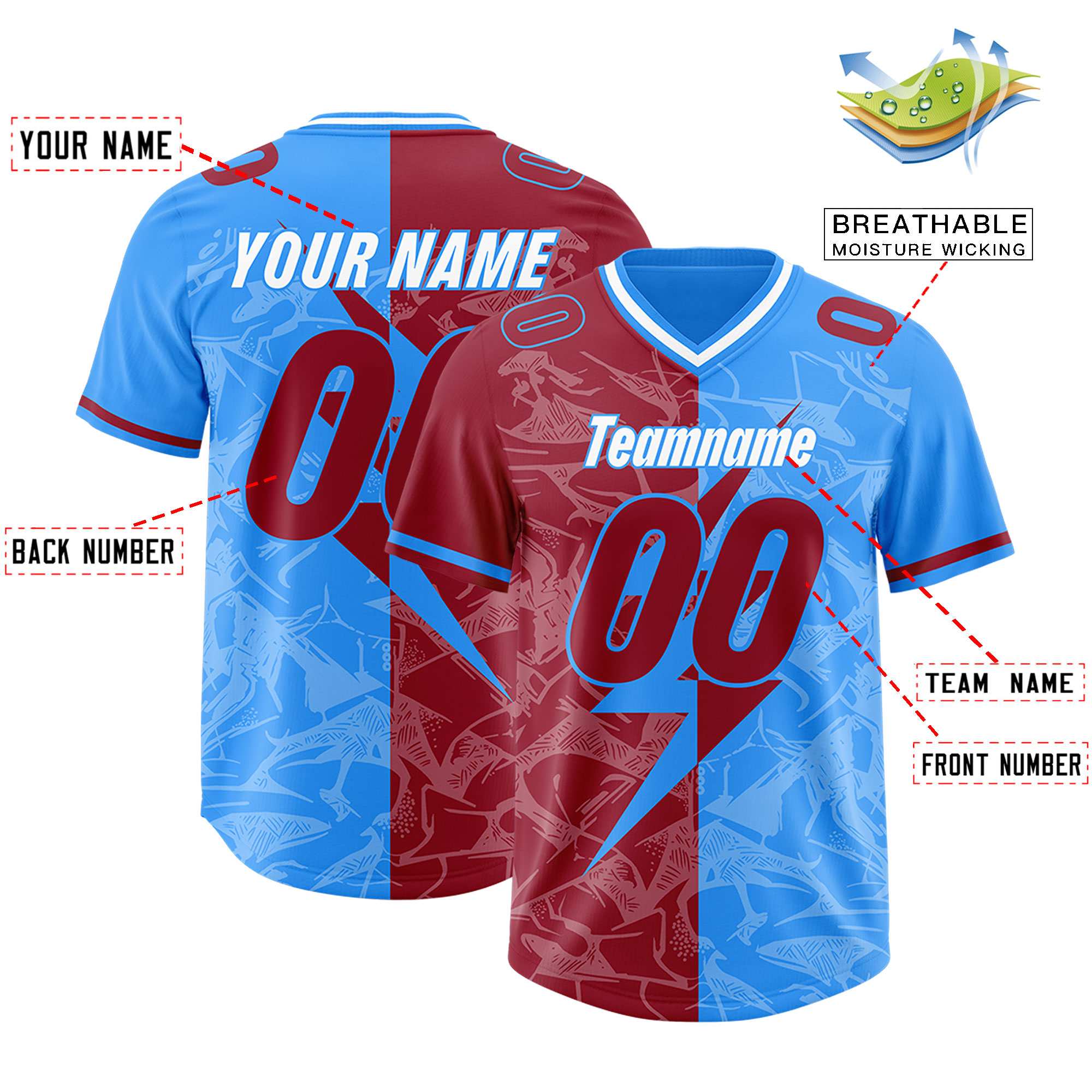 Custom Light Blue Cardinal Split Personalized Lightning Pattern Football Jersey