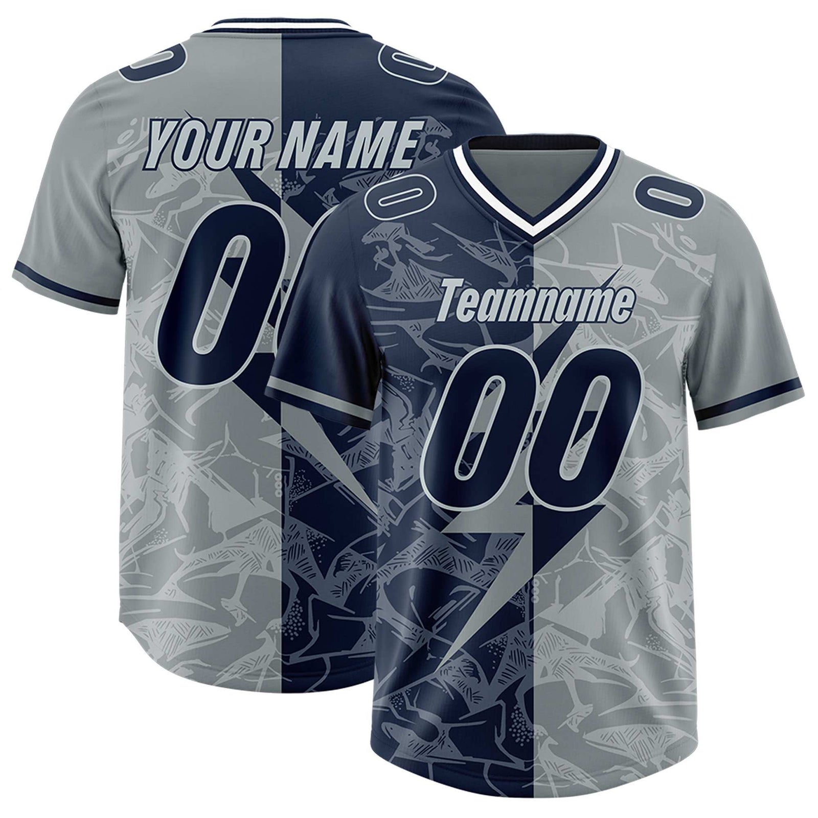 Custom Navy Gray Split Personalized Lightning Pattern Football Jersey