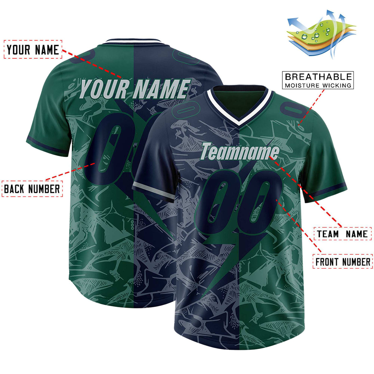 Custom Green Navy Split Personalized Lightning Pattern Football Jersey