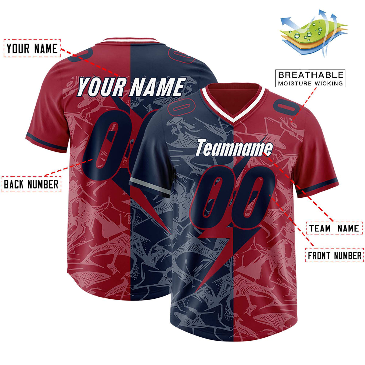 Custom Navy Cardinal Split Personalized Lightning Pattern Football Jersey