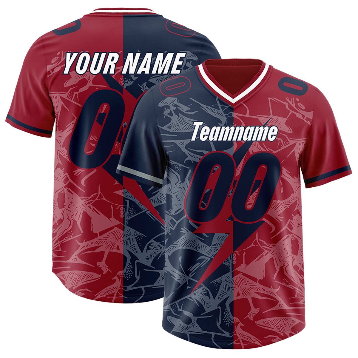 Custom Navy Cardinal Split Personalized Lightning Pattern Football Jersey
