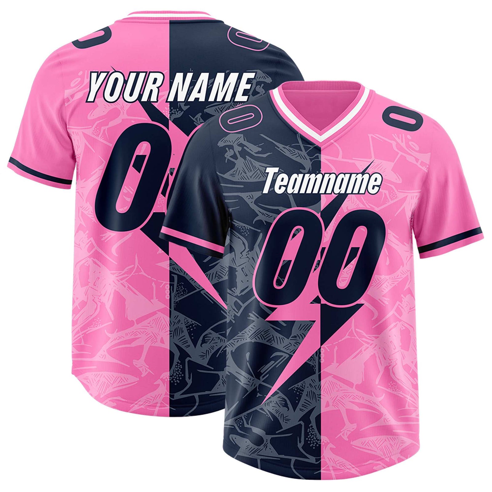 Custom Pink Navy Split Personalized Lightning Pattern Football Jersey