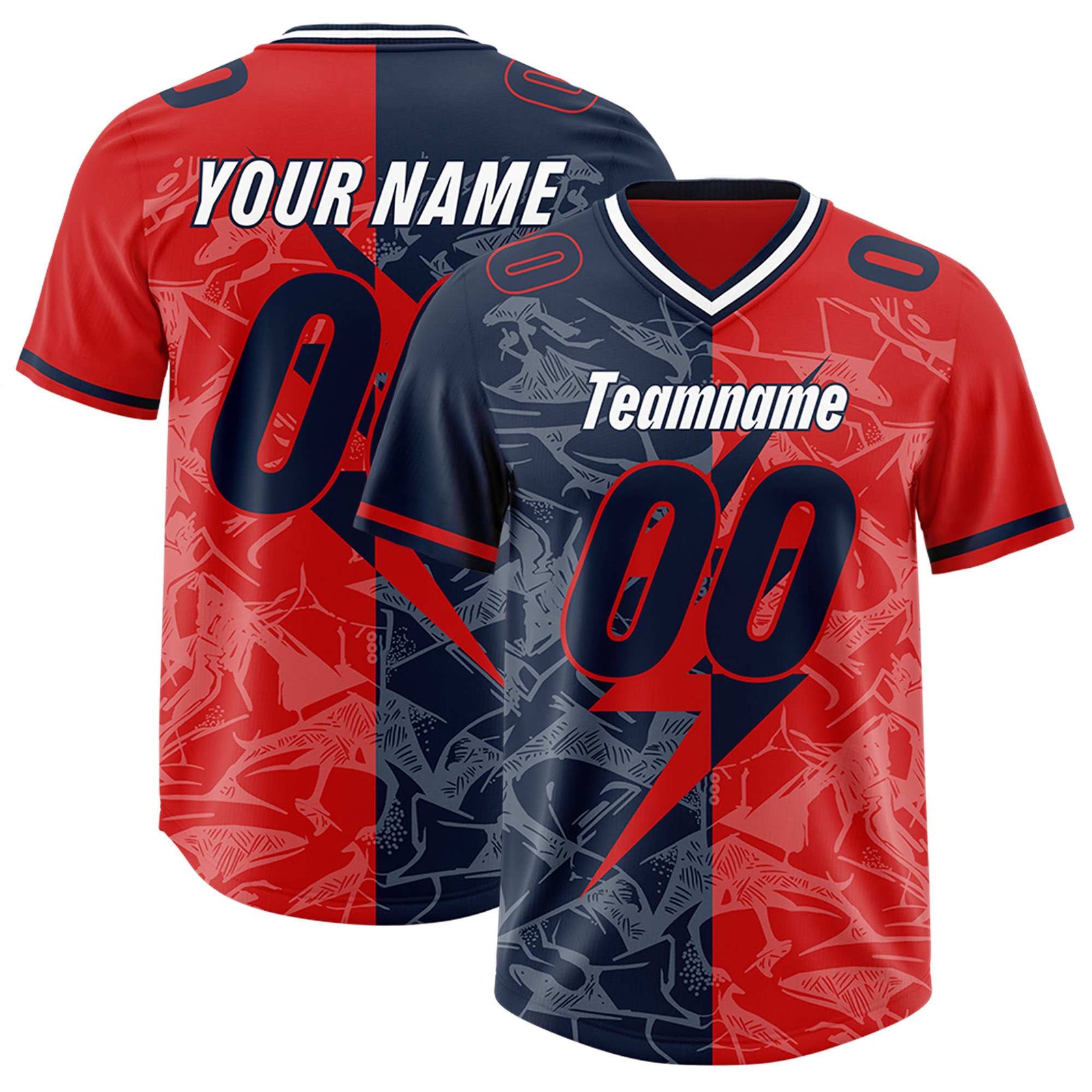 Custom Red Navy Split Personalized Lightning Pattern Football Jersey
