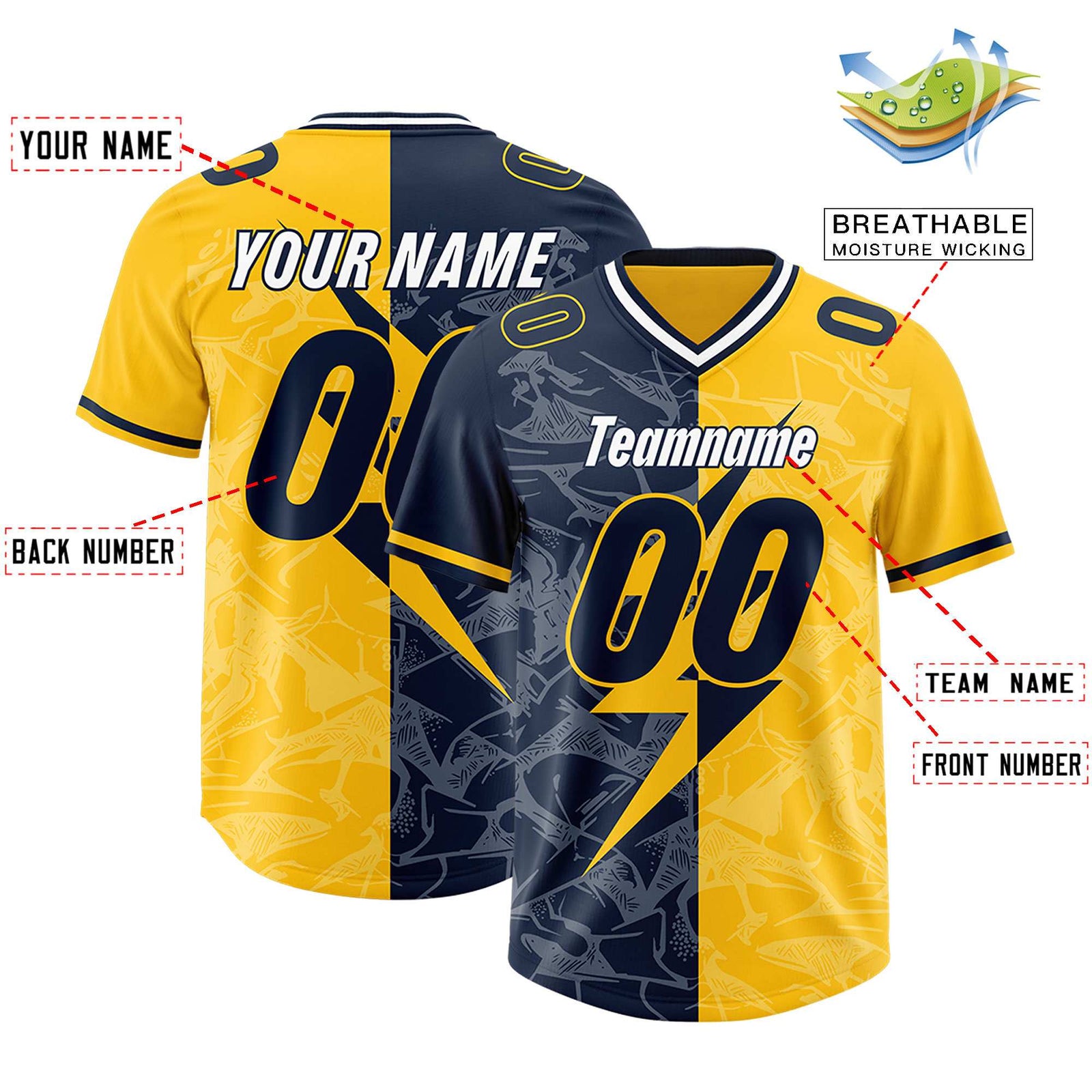 Custom Gold Navy Split Personalized Lightning Pattern Football Jersey