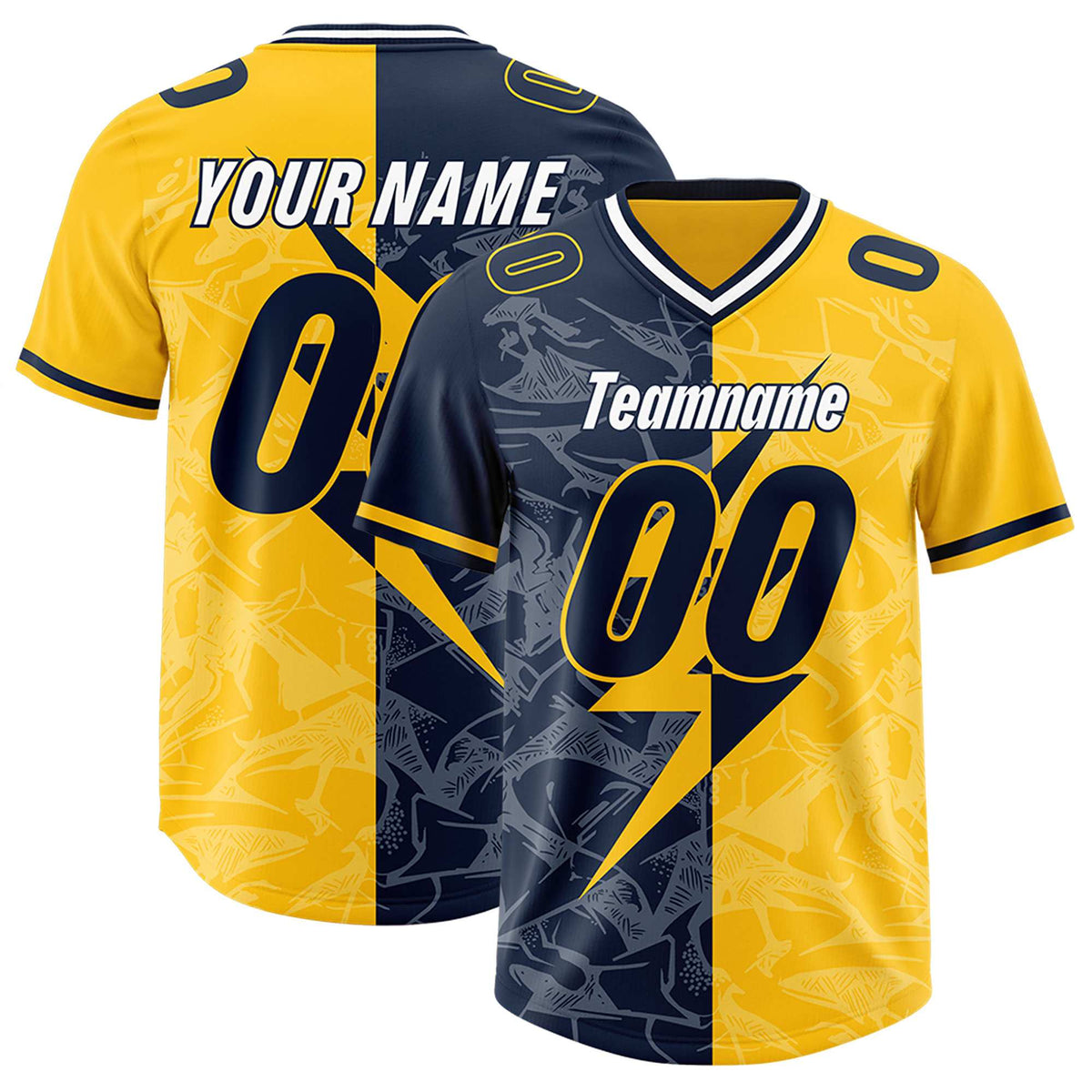 Custom Gold Navy Split Personalized Lightning Pattern Football Jersey