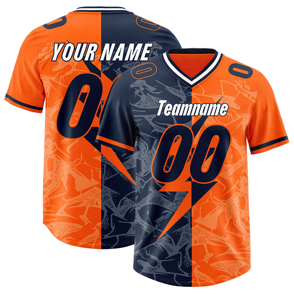 Custom Orange Navy Split Personalized Lightning Pattern Football Jersey