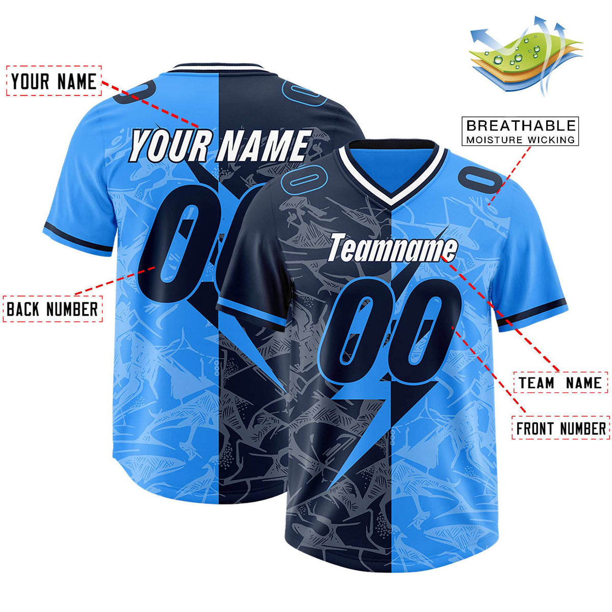 Custom Light Blue Navy Split Personalized Lightning Pattern Football Jersey