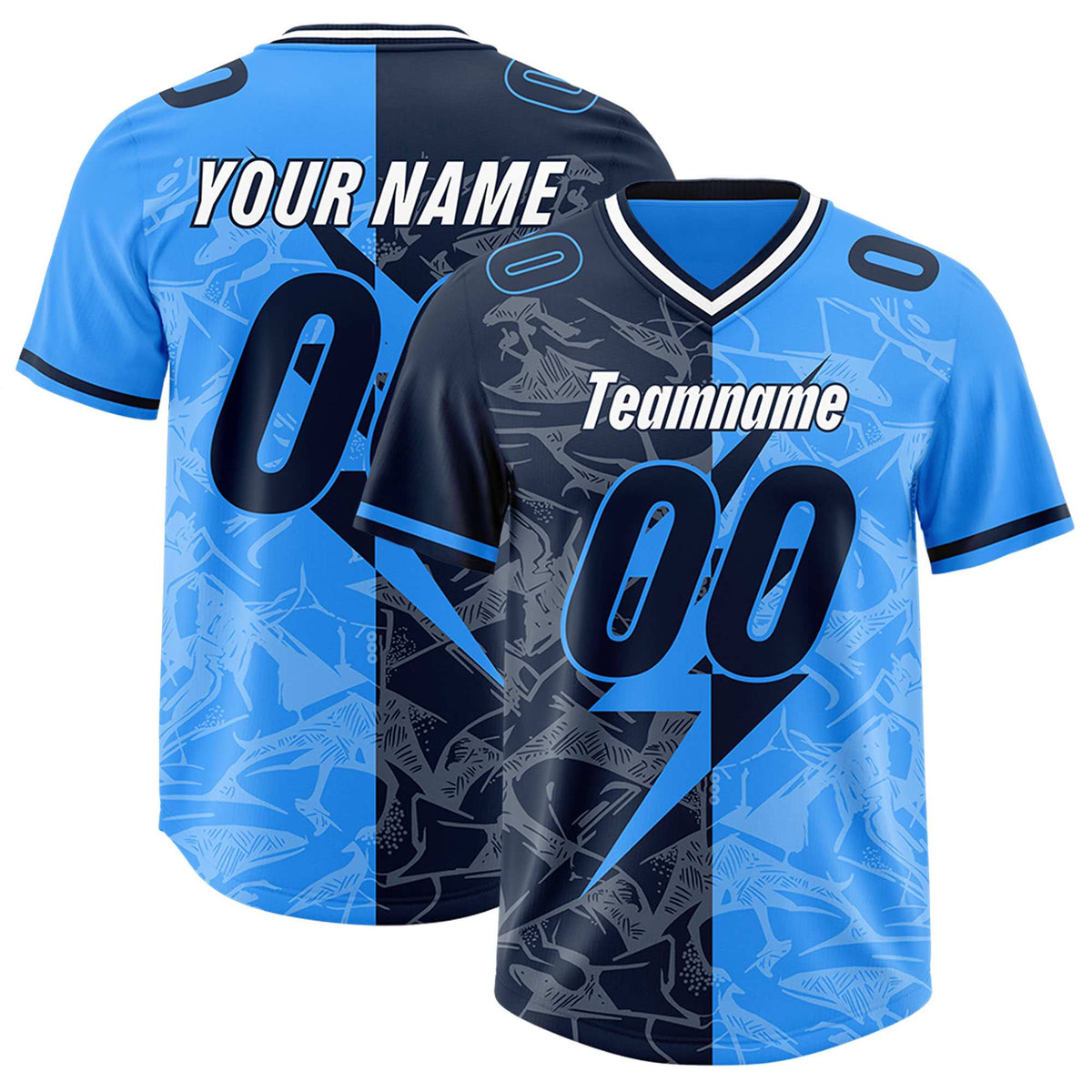 Custom Light Blue Navy Split Personalized Lightning Pattern Football Jersey