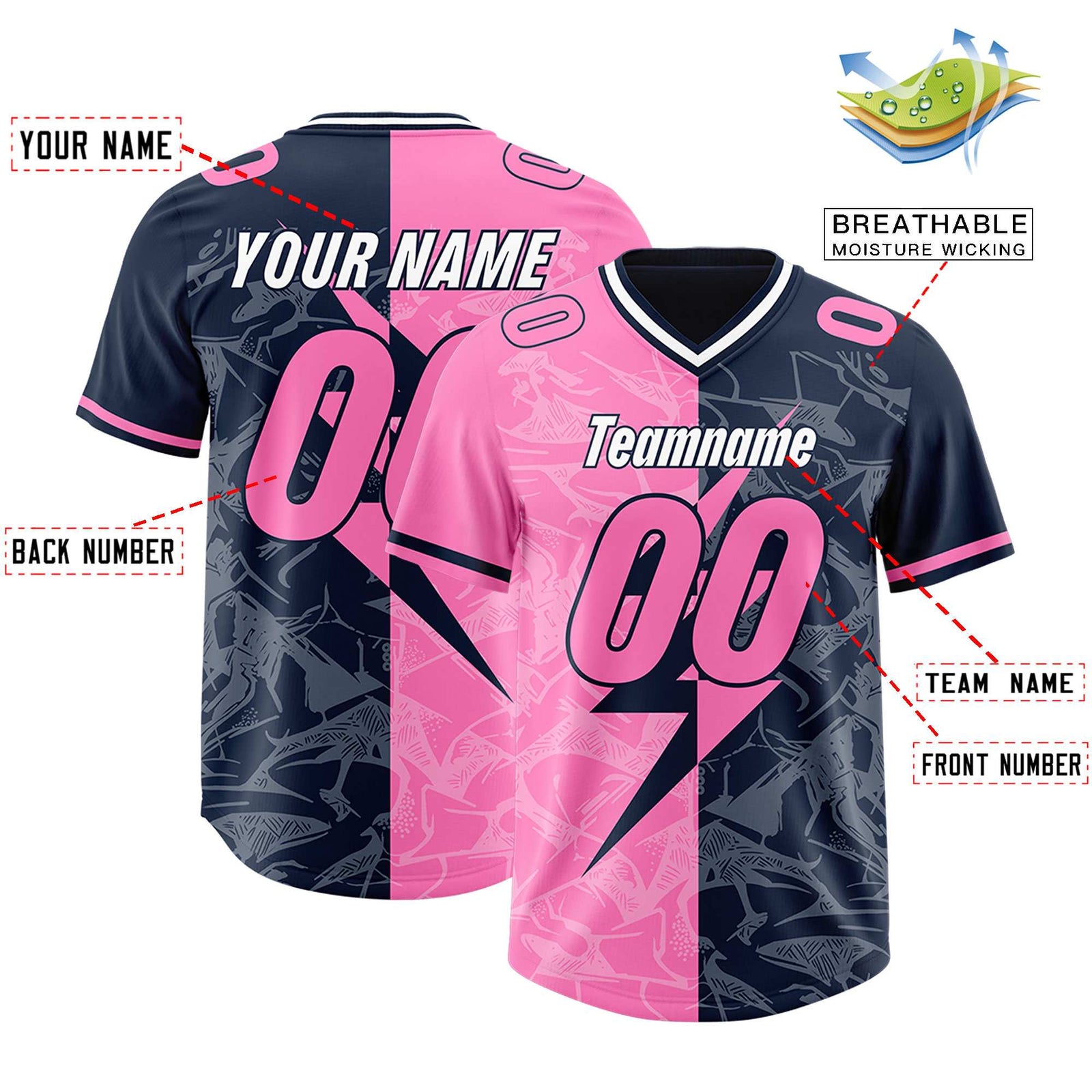 Custom Navy Pink Split Personalized Lightning Pattern Football Jersey