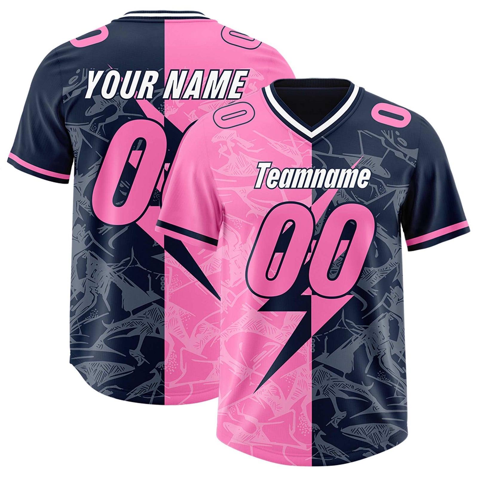 Custom Navy Pink Split Personalized Lightning Pattern Football Jersey