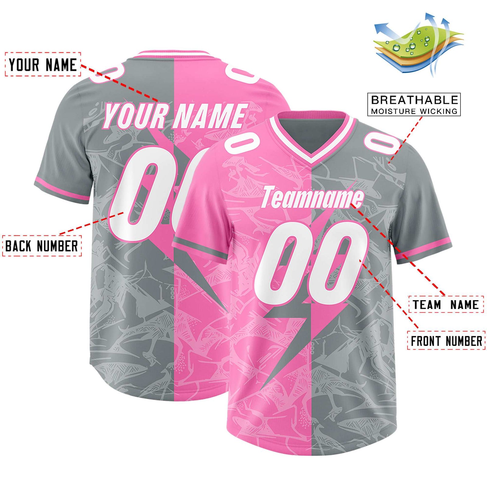 Custom Gray Pink Split Personalized Lightning Pattern Football Jersey