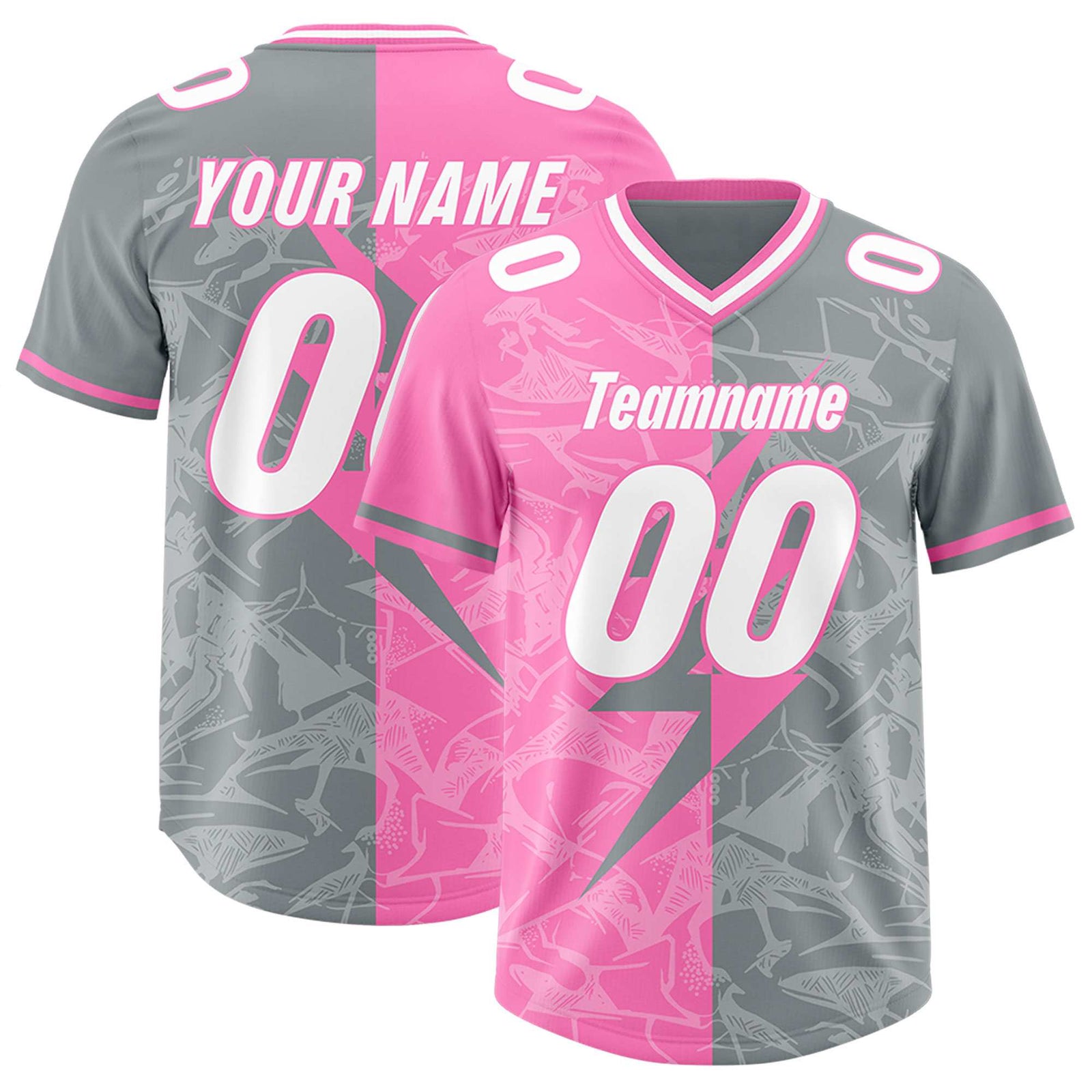 Custom Gray Pink Split Personalized Lightning Pattern Football Jersey