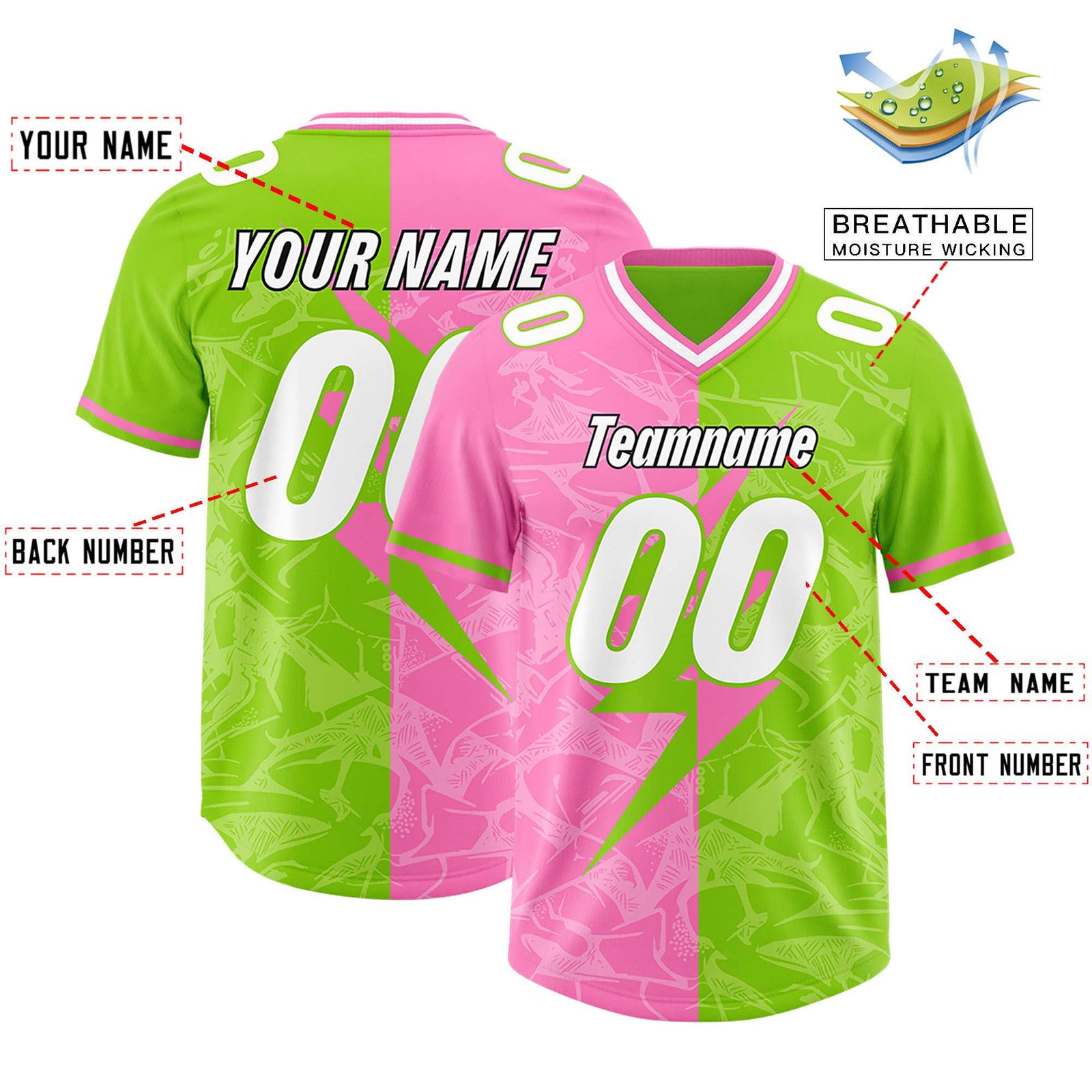 Custom Neon Green Pink Split Personalized Lightning Pattern Football Jersey