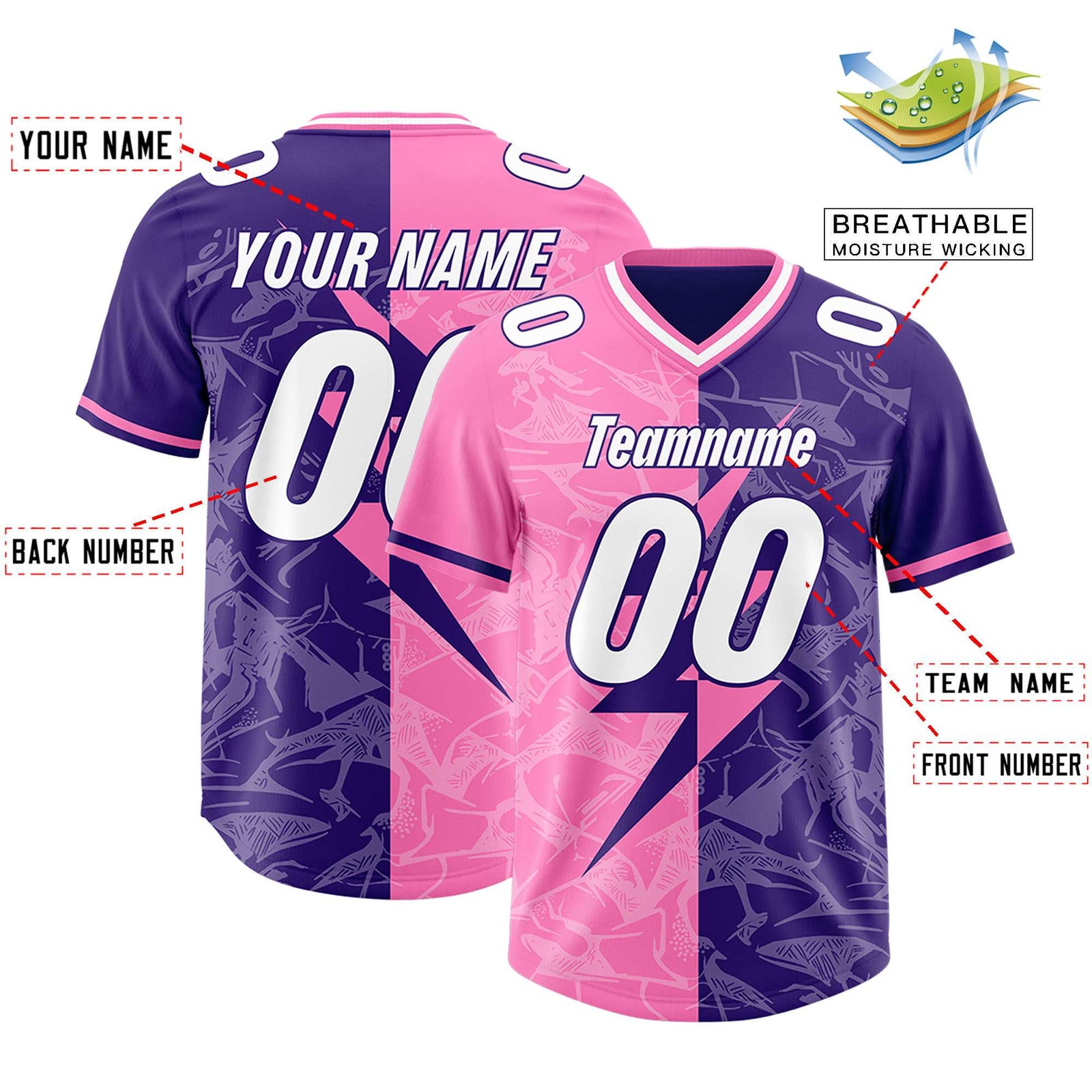 Custom Purple Pink Split Personalized Lightning Pattern Football Jersey