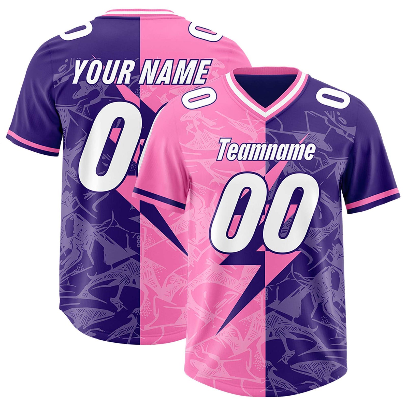 Custom Purple Pink Split Personalized Lightning Pattern Football Jersey