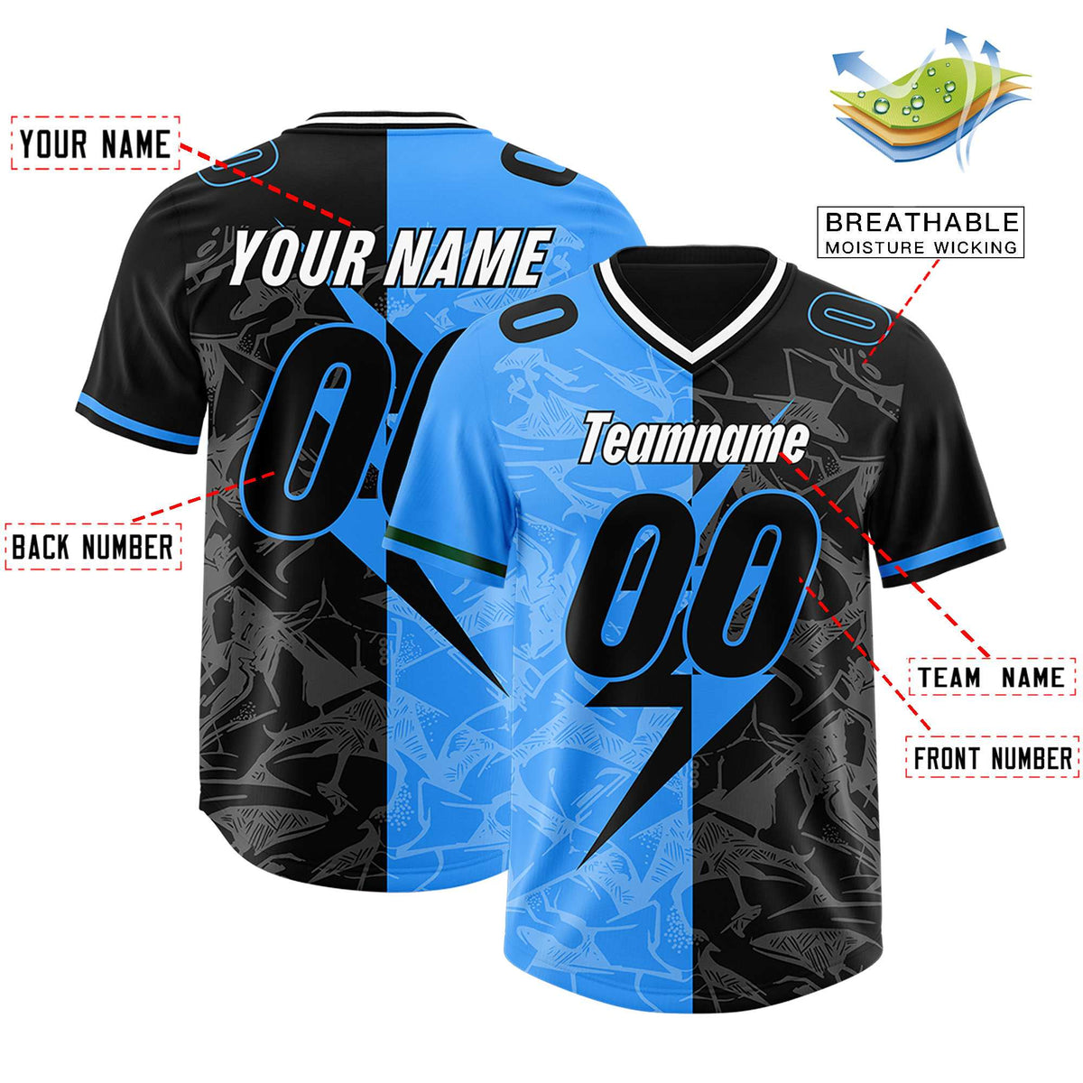 Custom Black Light Blue Split Personalized Lightning Pattern Football Jersey
