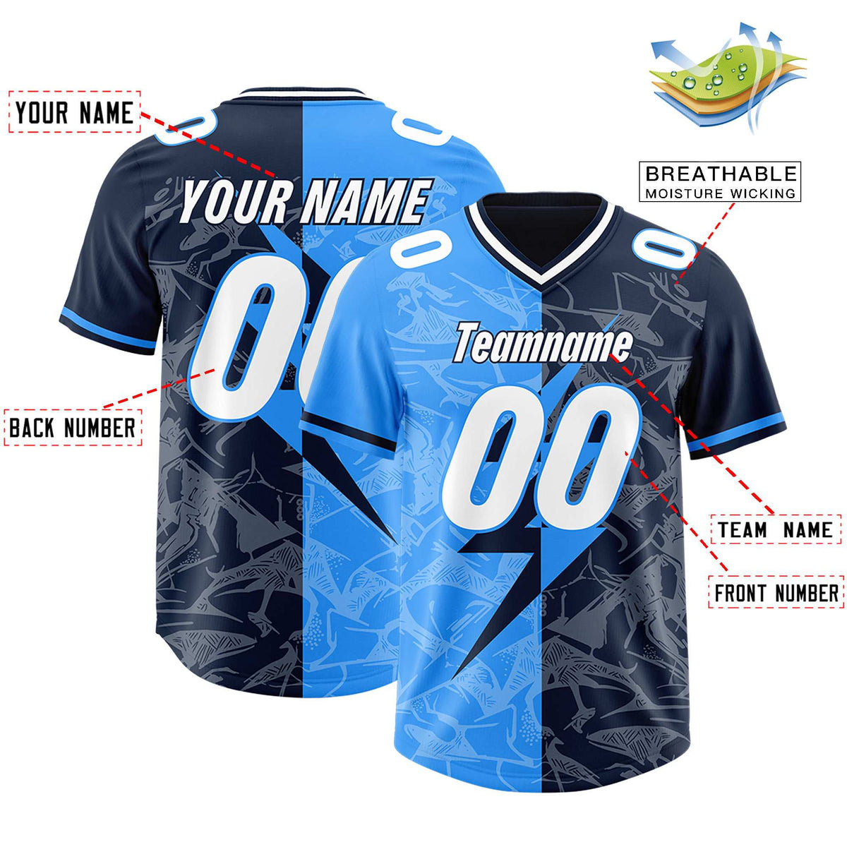 Custom Navy Light Blue Split Personalized Lightning Pattern Football Jersey
