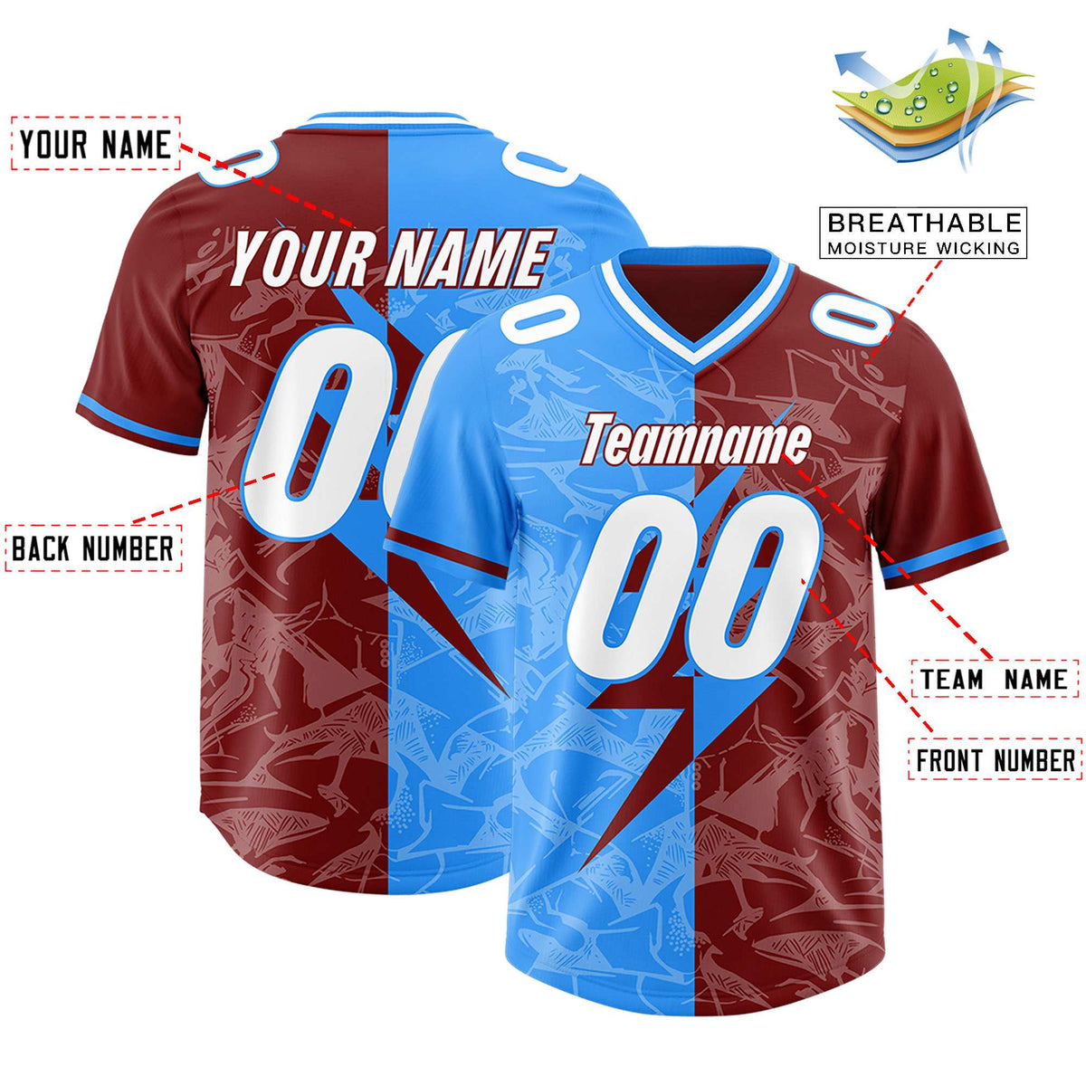 Custom Crimson Light Blue Split Personalized Lightning Pattern Football Jersey