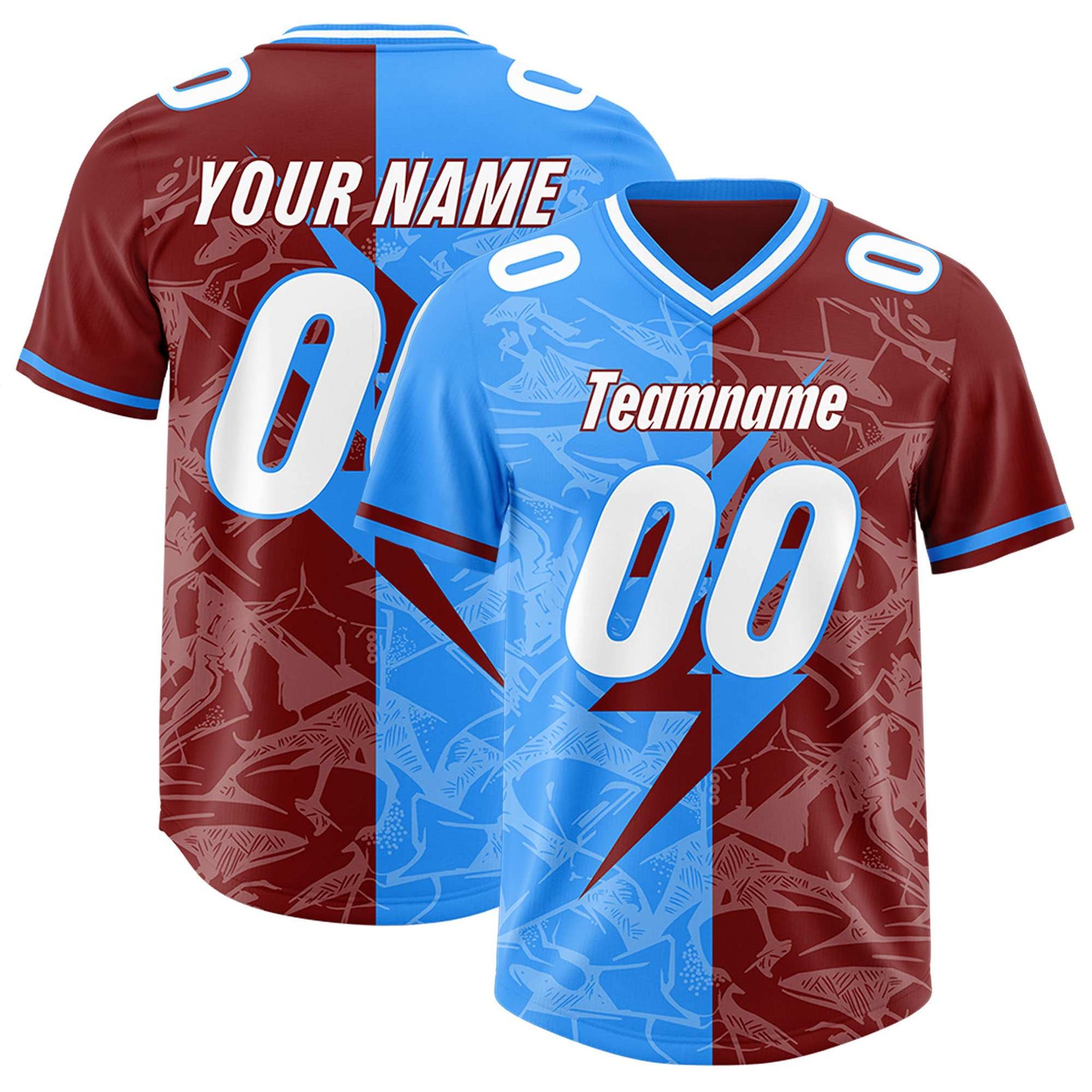 Custom Crimson Light Blue Split Personalized Lightning Pattern Football Jersey