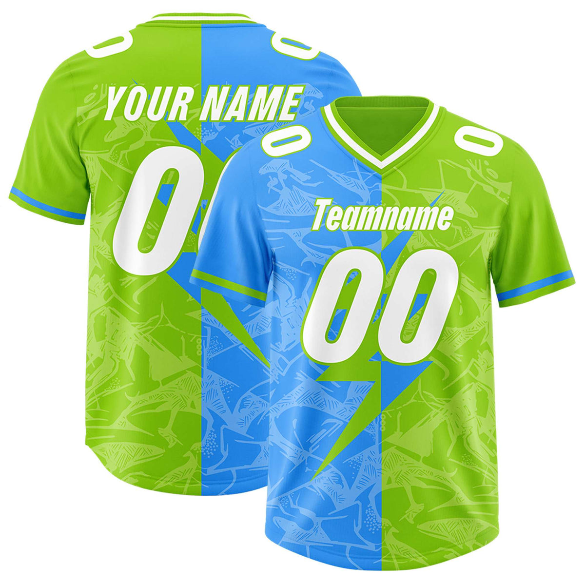Custom Neon Green Light Blue Split Personalized Lightning Pattern Football Jersey