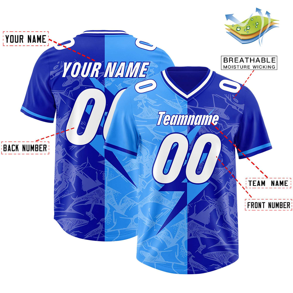 Custom Royal Light Blue Split Personalized Lightning Pattern Football Jersey