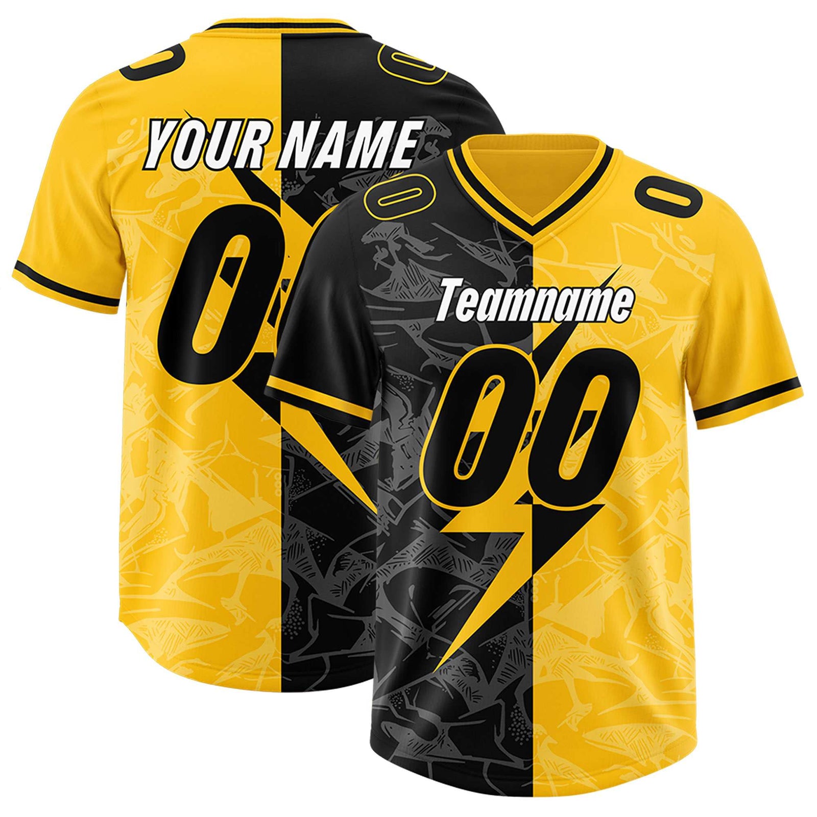 Custom Yellow Black Split Personalized Lightning Pattern Football Jersey
