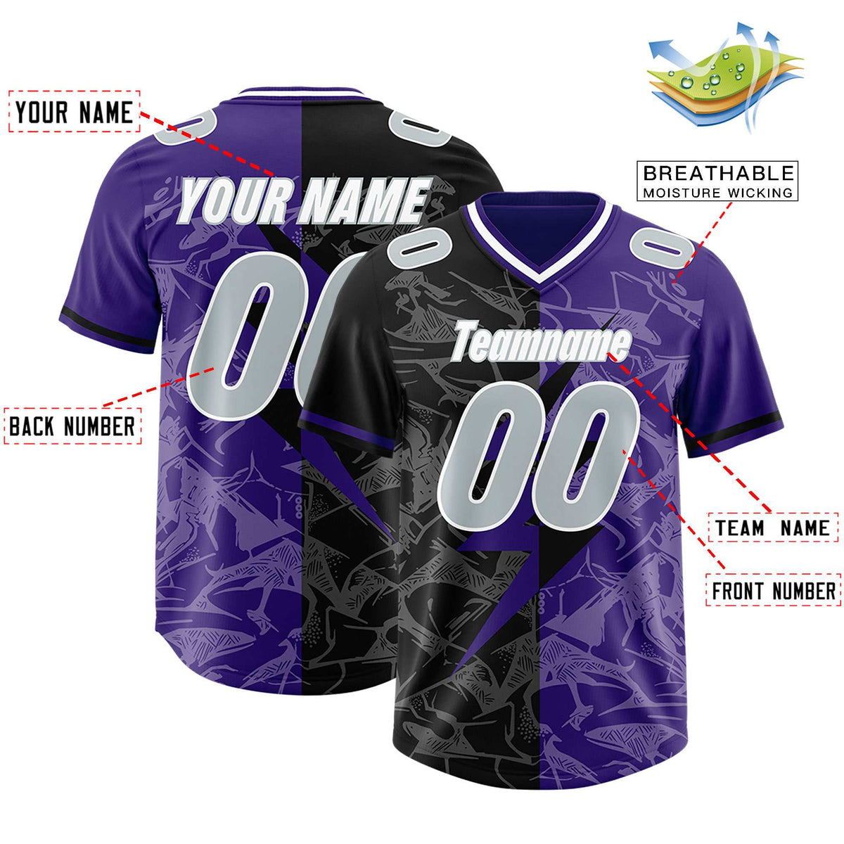 Custom Purple Black Split Personalized Lightning Pattern Football Jersey
