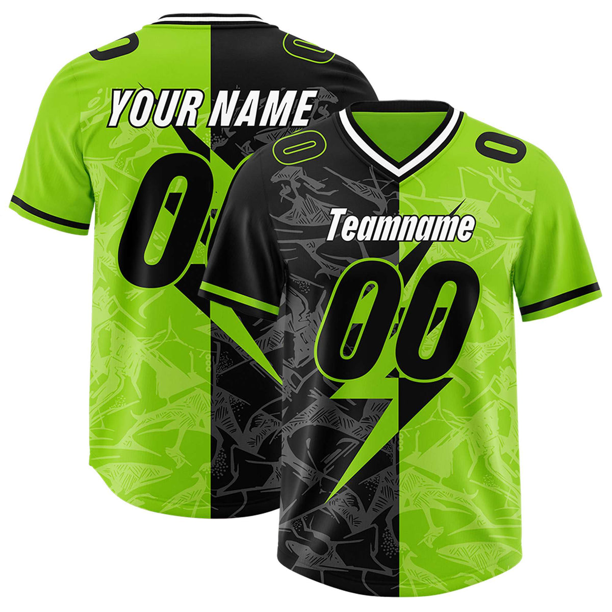 Custom Neon Green Black Split Personalized Lightning Pattern Football Jersey