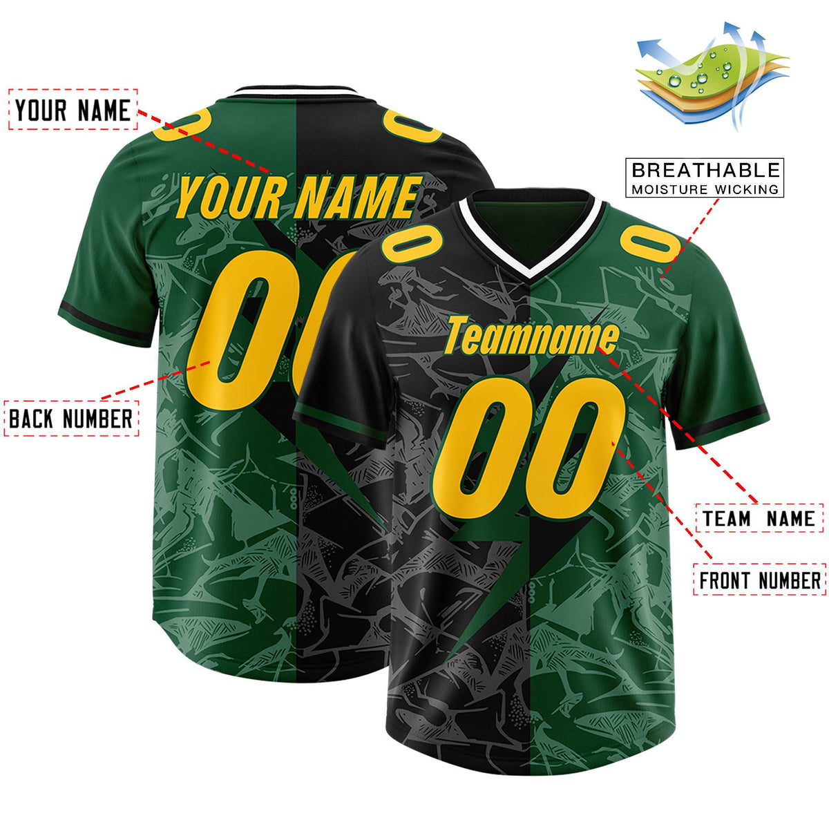 Custom Black Green Split Personalized Lightning Pattern Football Jersey