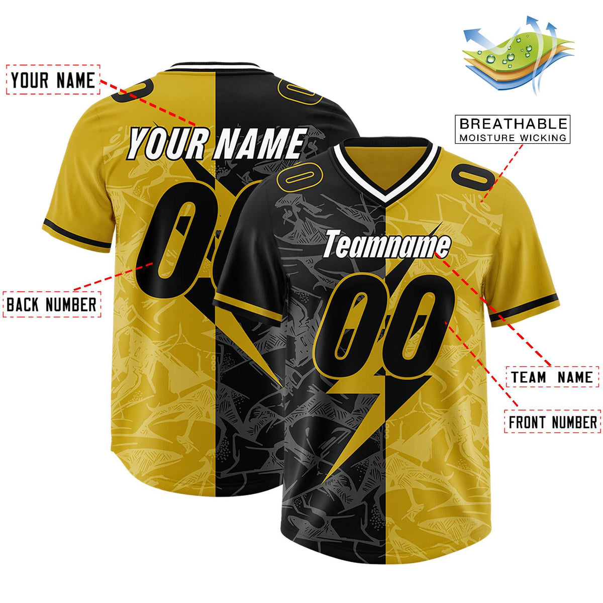 Custom Old Gold Black Split Personalized Lightning Pattern Football Jersey