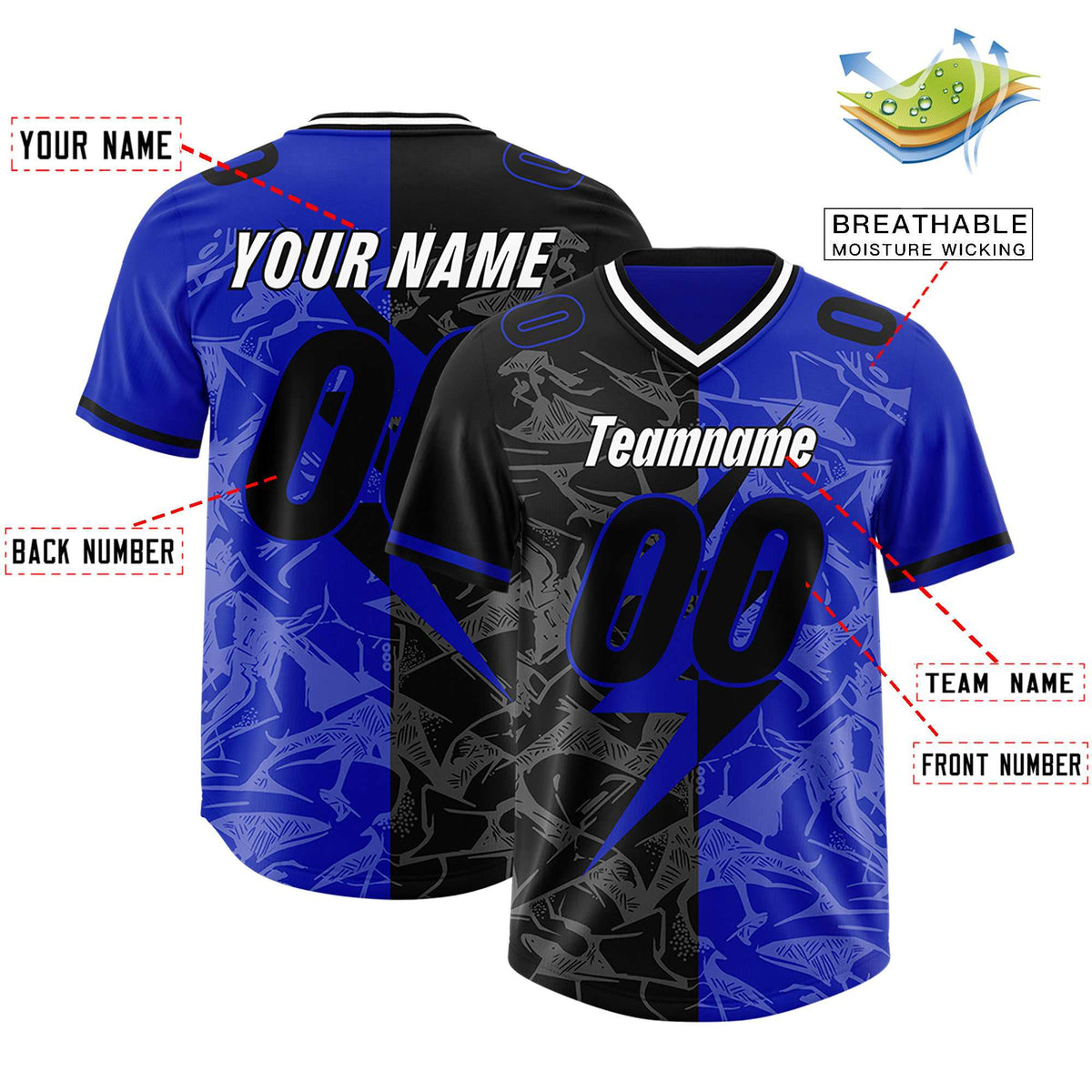 Custom Royal Black Split Personalized Lightning Pattern Football Jersey